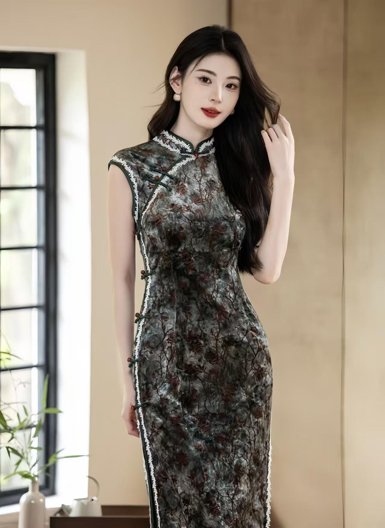 Green Velvet Qipao, Elegant Chinese Long Gown, Vintage Floral Midi Dress, Oriental Party Outfit, Asian Evening Dress, Winter Cheongsam Dress
