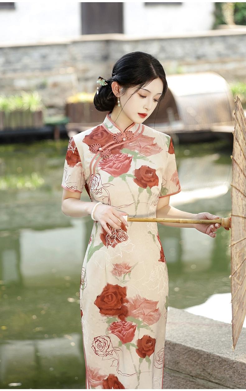 Qipao Estilo Francés, Cheongsam Rosa Floral,Vestido Romántico de Jardín, Qipao de Satén Brocado, Vestido Artístico Femenino,regalo para ella