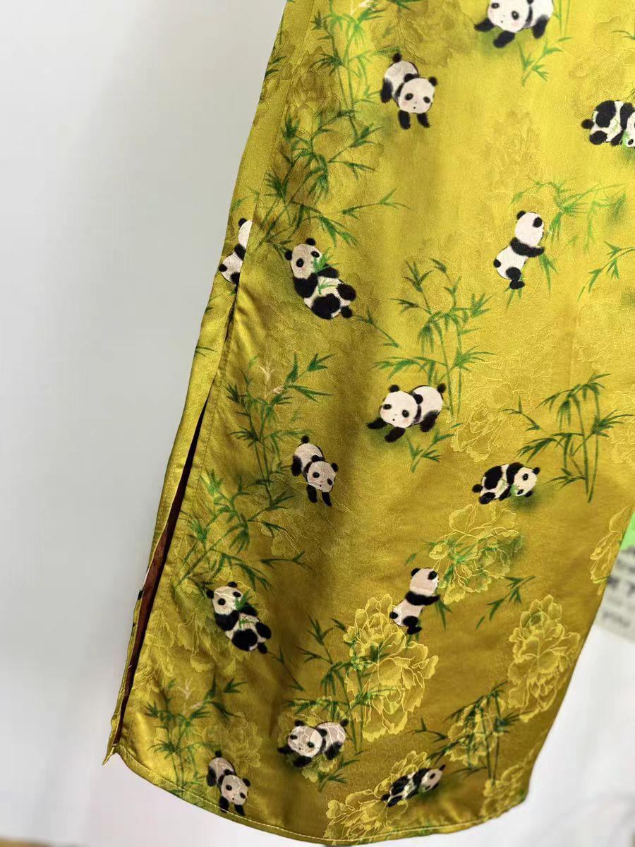 Falda con estampado de panda, Falda midi de satén chino, Falda recta con abertura, Falda estilo Qipao de inspiración vintage, falda midi
