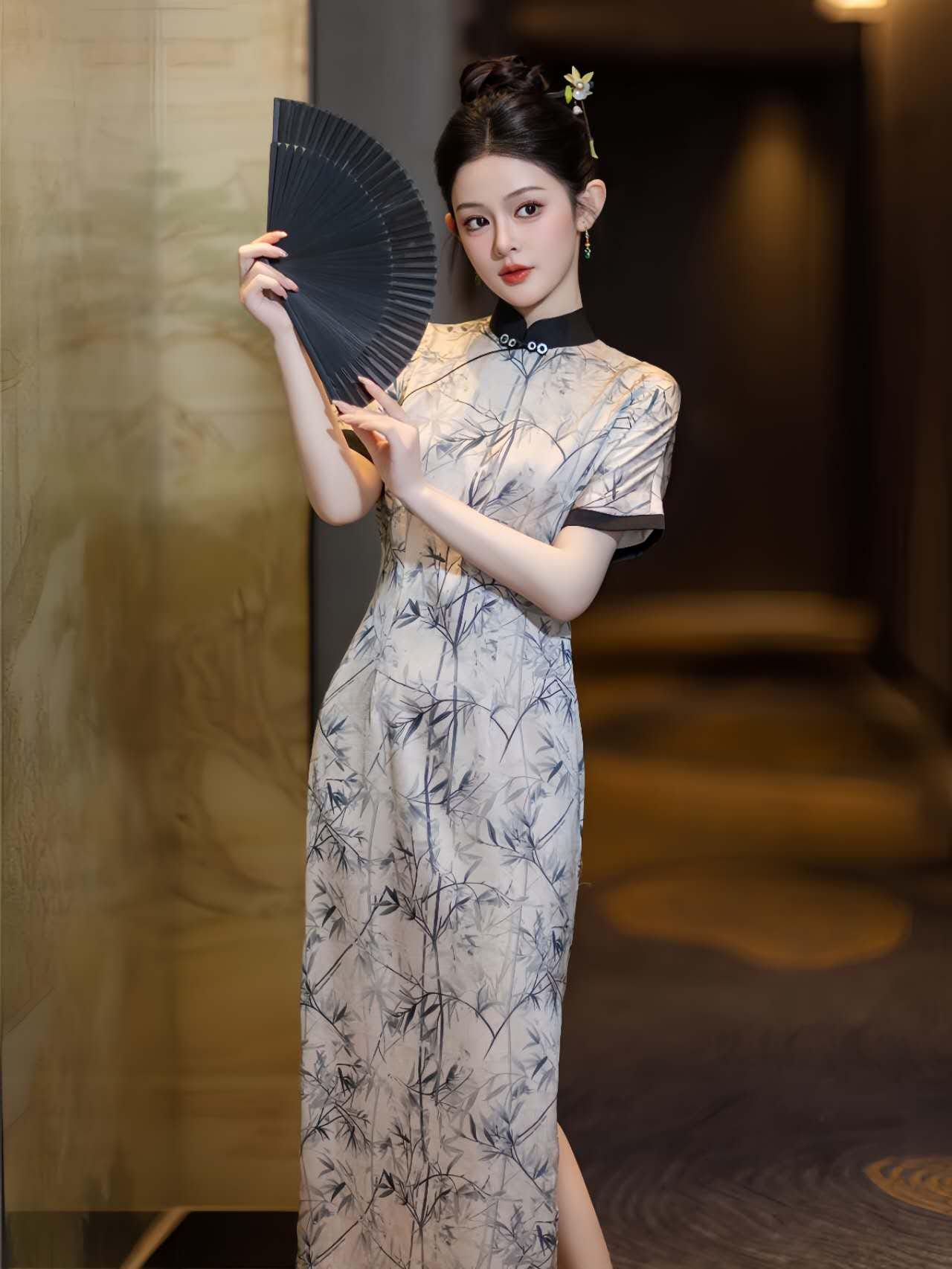 Cheongsam blanco de bambú,Qipao floral de bambú,Vestido estilo acuarela, Traje formal asiático, Vestido retro chino,Vestido Vintage para Té