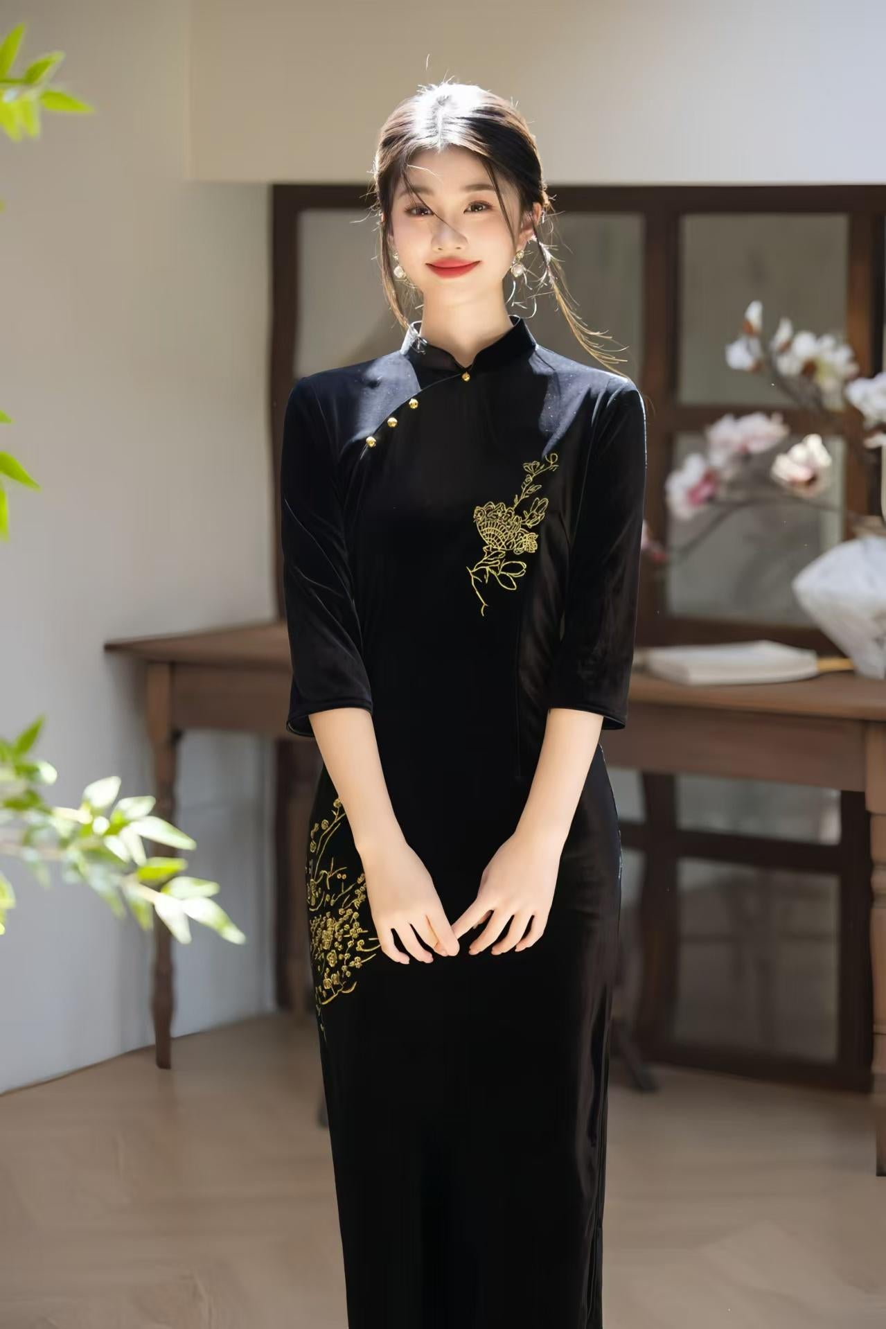 Velvet Embroidered Qipao Dress, Black Cheongsam with Gold Floral Embroidery, Elegant Oriental Midi Dress, Luxury Autumn Chinese Dress