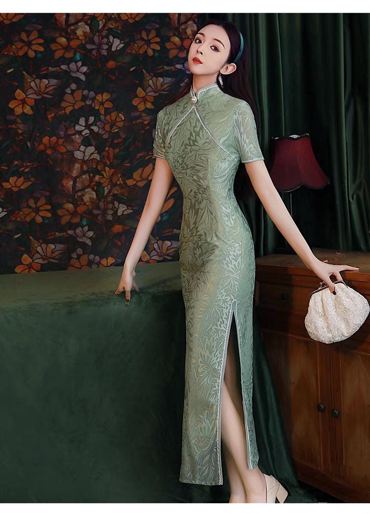 Vestido Qipao de Encaje Verde, Cheongsam Vintage, Elegante Vestido de Noche Chino, Vestido Largo Formal,Vestido de Invitada de Boda Oriental