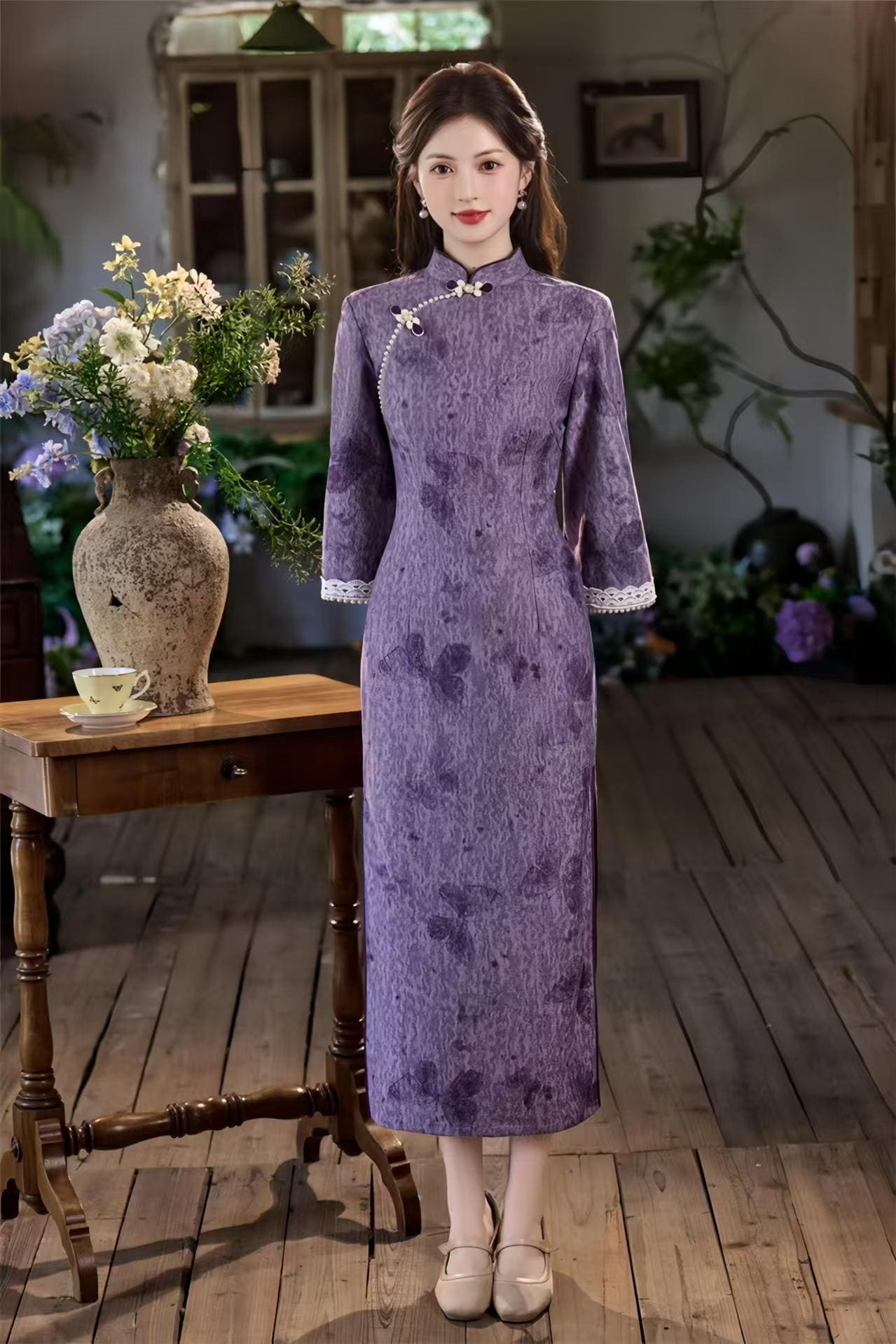 Vestido Qipao Jacquard Púrpura, Maxi Cheongsam Retro Chino, Elegante Vestido Largo Cuello Mandarín, Vestido de Noche Vintage Oriental,Veneno