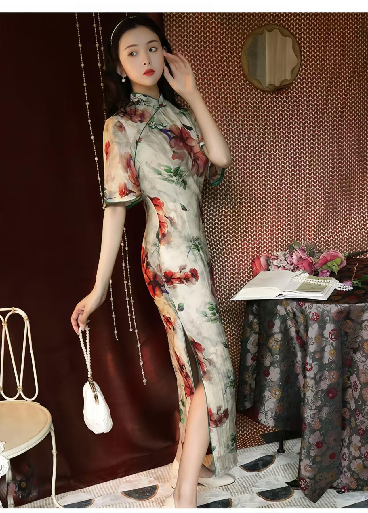 Vestido Qipao Floral de Seda y Lino, Maxi Vestido Largo Cheongsam,Vestido de Invitada de Boda Cultural Tradicional,Ceremonia del Té,Clásico