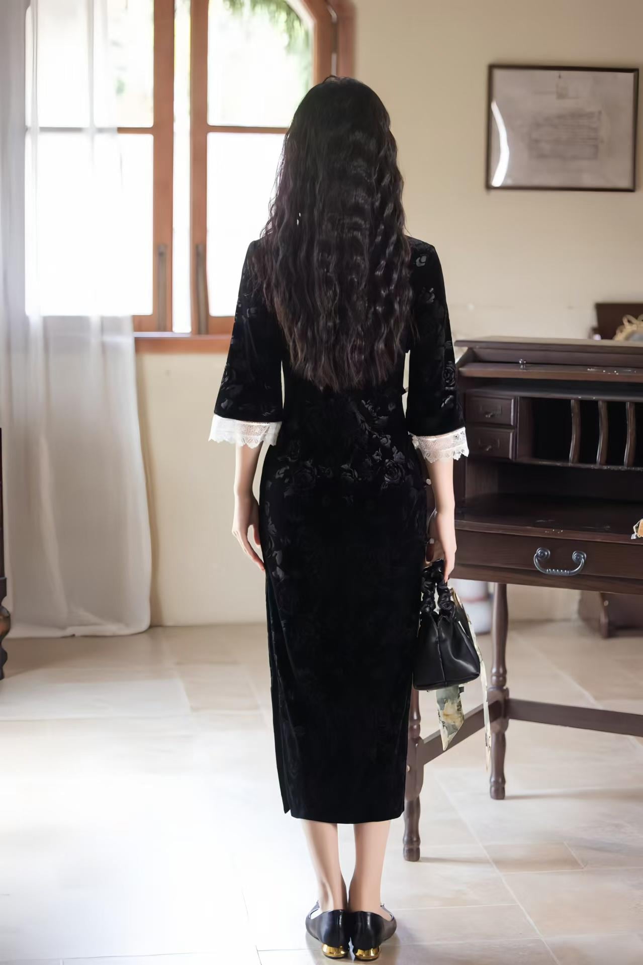 Pink Velvet Jacquard Qipao, Black Midi Cheongsam Dress, Elegant Chinese Dress with Lace Trim, Vintage Autumn Oriental Dress