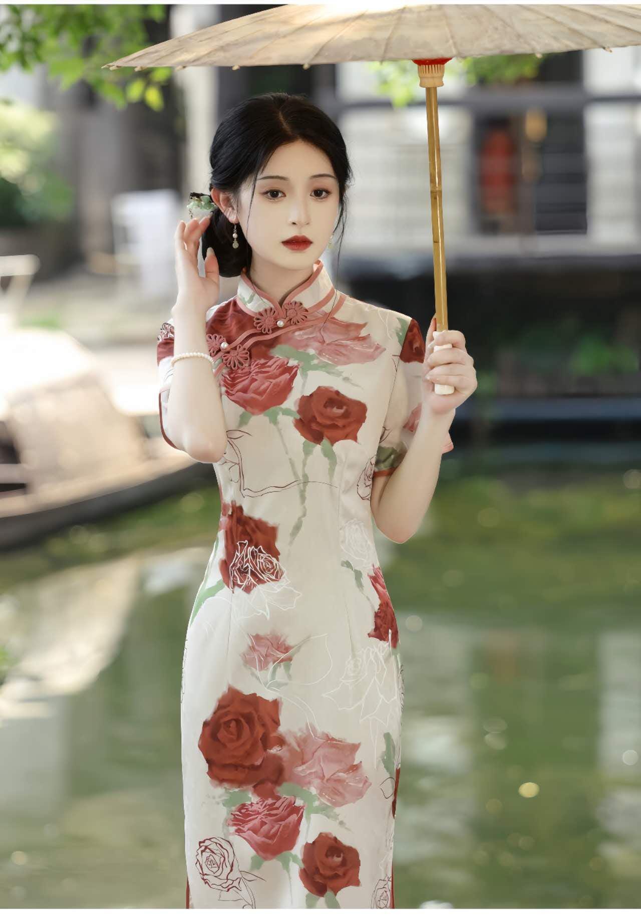Qipao Estilo Francés, Cheongsam Rosa Floral,Vestido Romántico de Jardín, Qipao de Satén Brocado, Vestido Artístico Femenino,regalo para ella