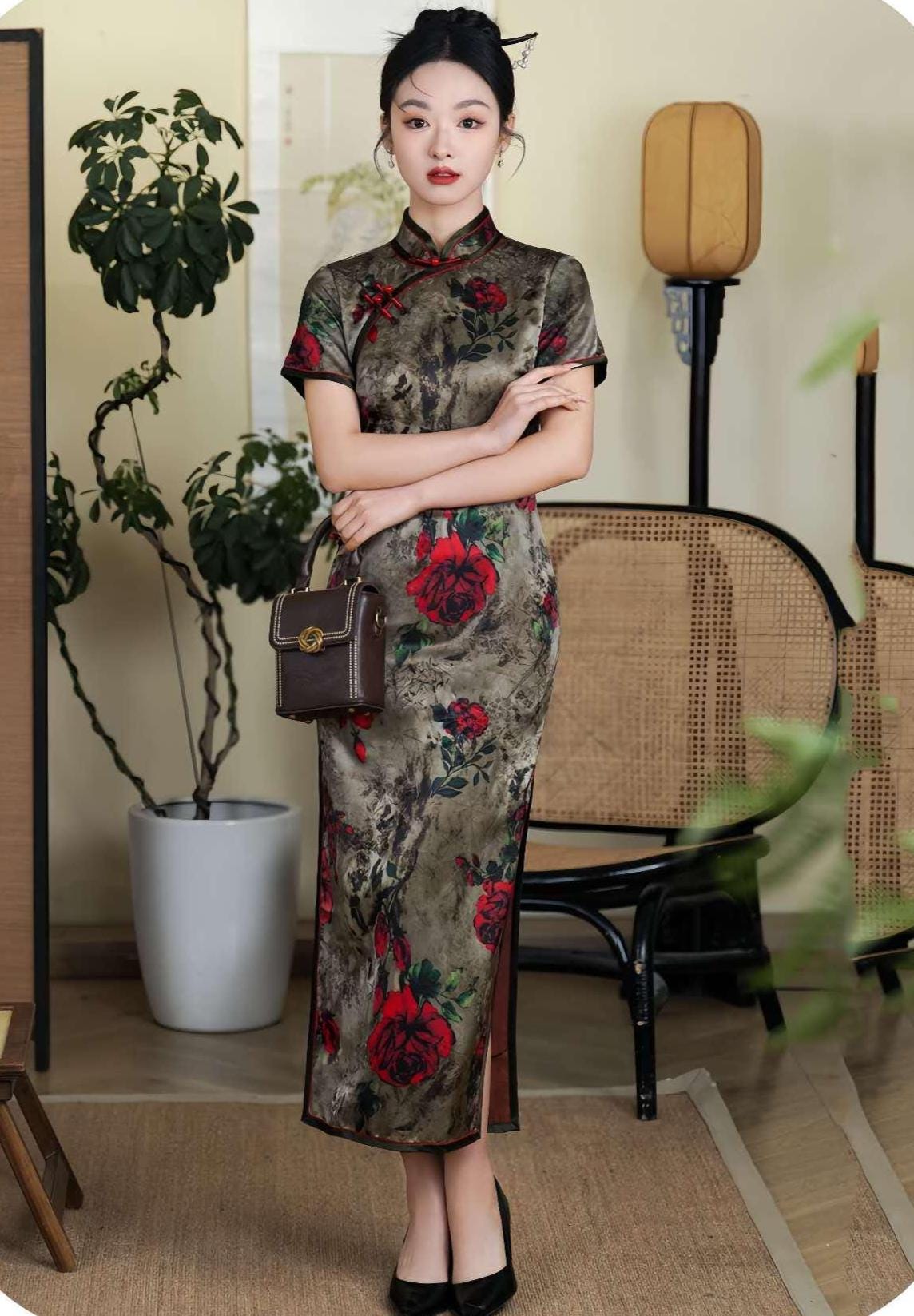 Qipao Rosa Vintage, Elegante Cheongsam Jacquard, Vestido Retro Chino, tallas grandes M-4XL,Vestido para Ceremonia del Té,Regalo para ella