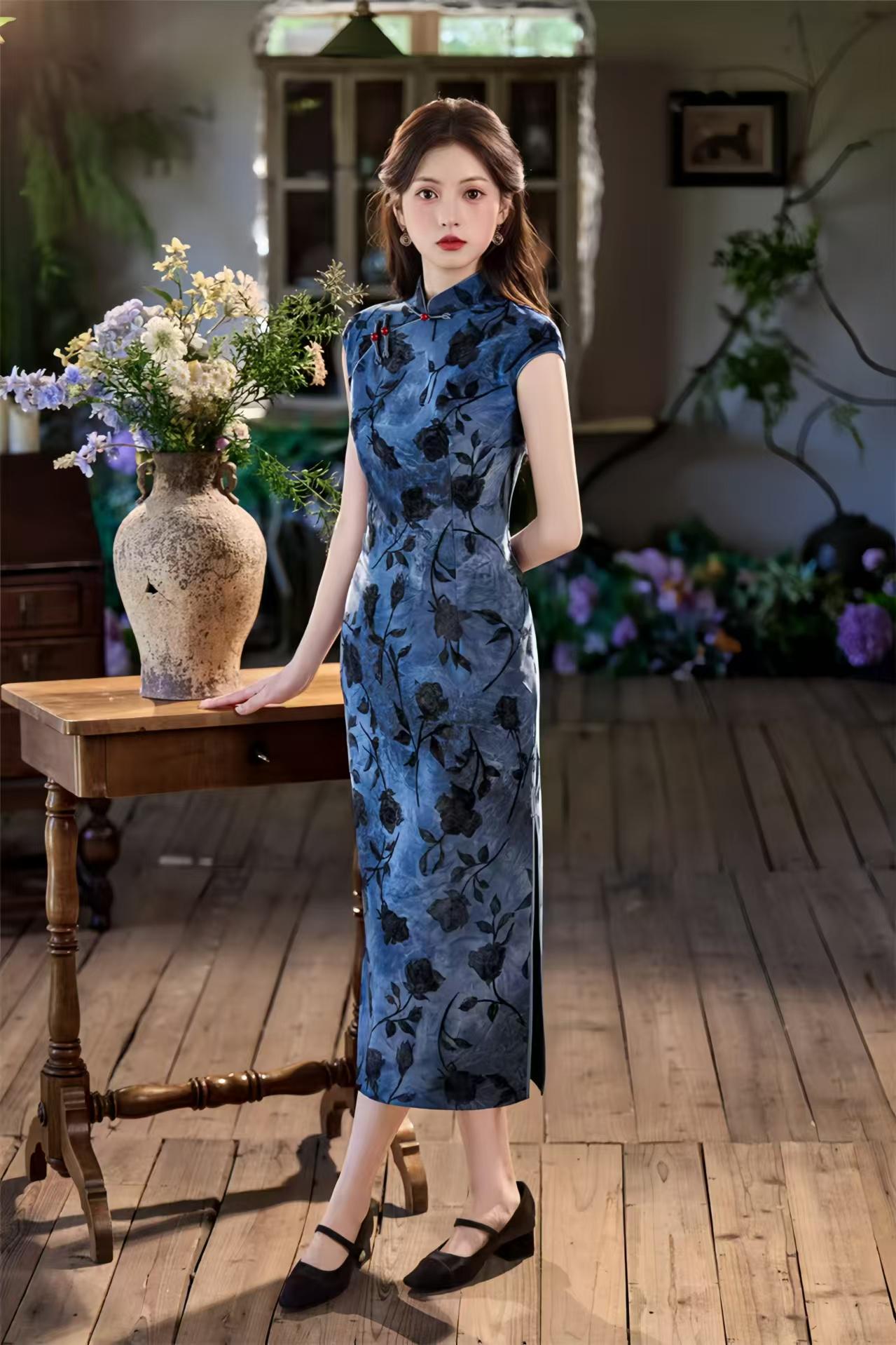 Vestido Qipao Chino Vintage, Maxi Cheongsam Floral Tie Dye,Noche con Cuello Mandarín Retro,Elegante Fiesta Estilo Asiático,Largo Tradicional