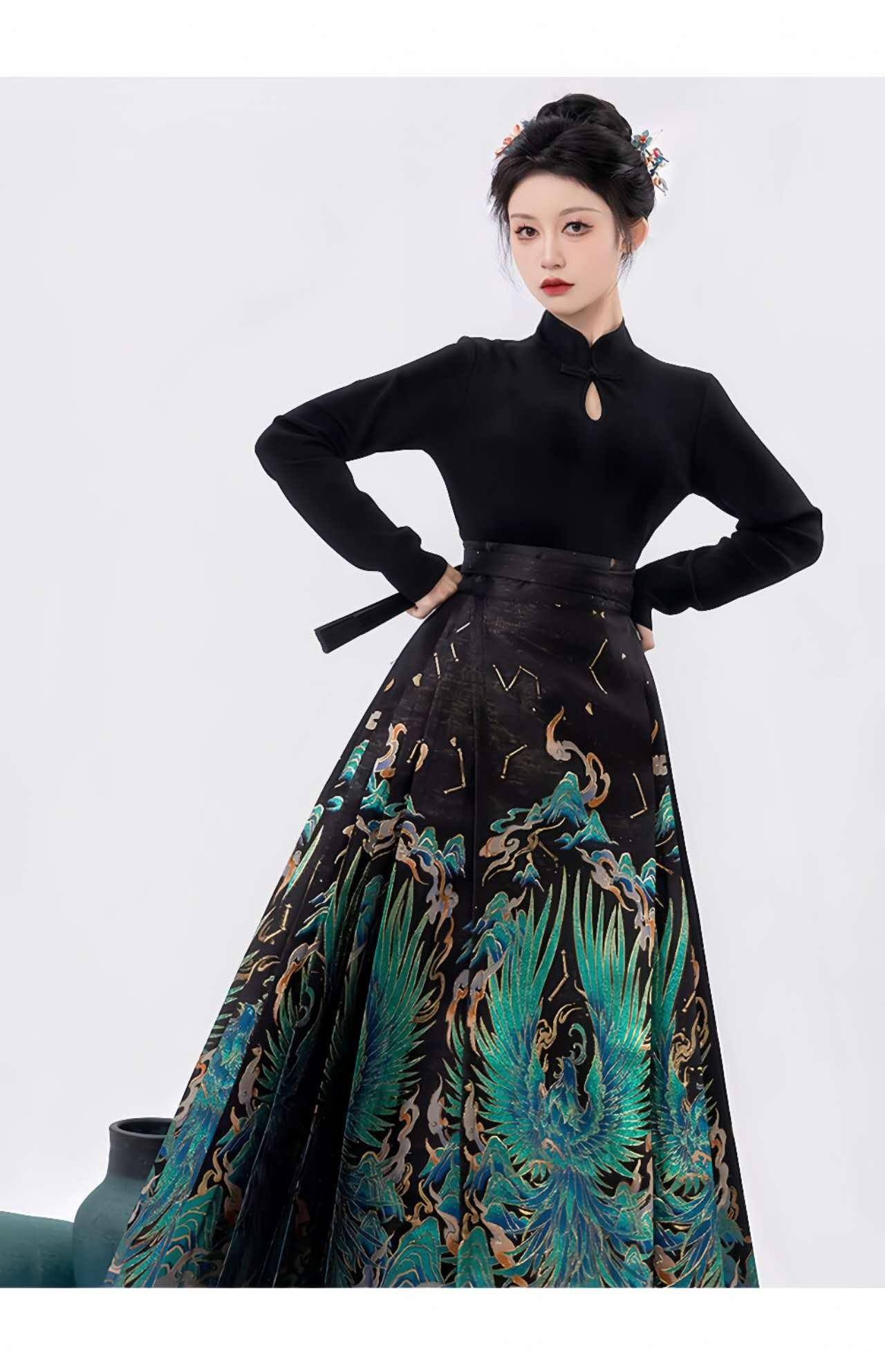 Falda Hanfu Pájaro Mítico, Maxi Falda China, Falda Plisada Cintura Alta, MaMianQun Estampada,Elegante Conjunto Festival,Hanfu Estilo Antiguo