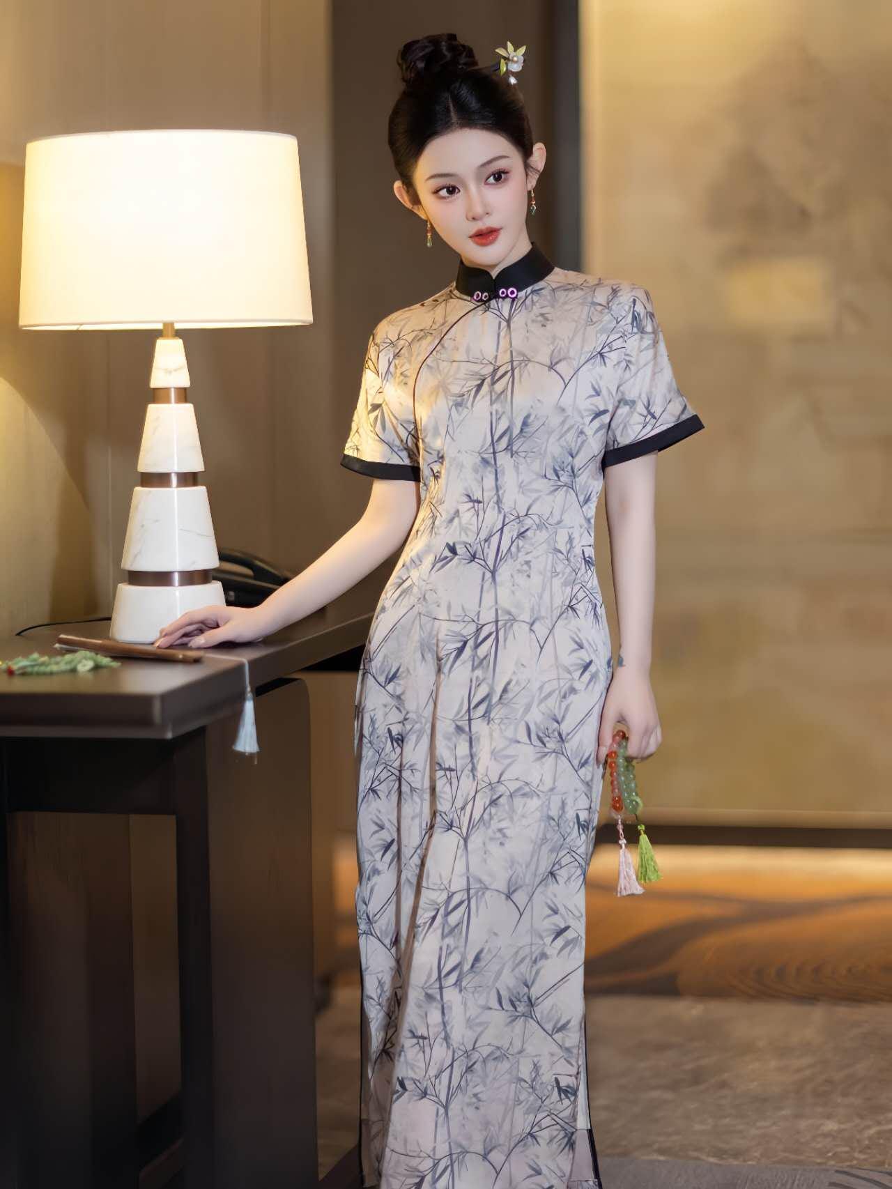 Cheongsam blanco de bambú,Qipao floral de bambú,Vestido estilo acuarela, Traje formal asiático, Vestido retro chino,Vestido Vintage para Té