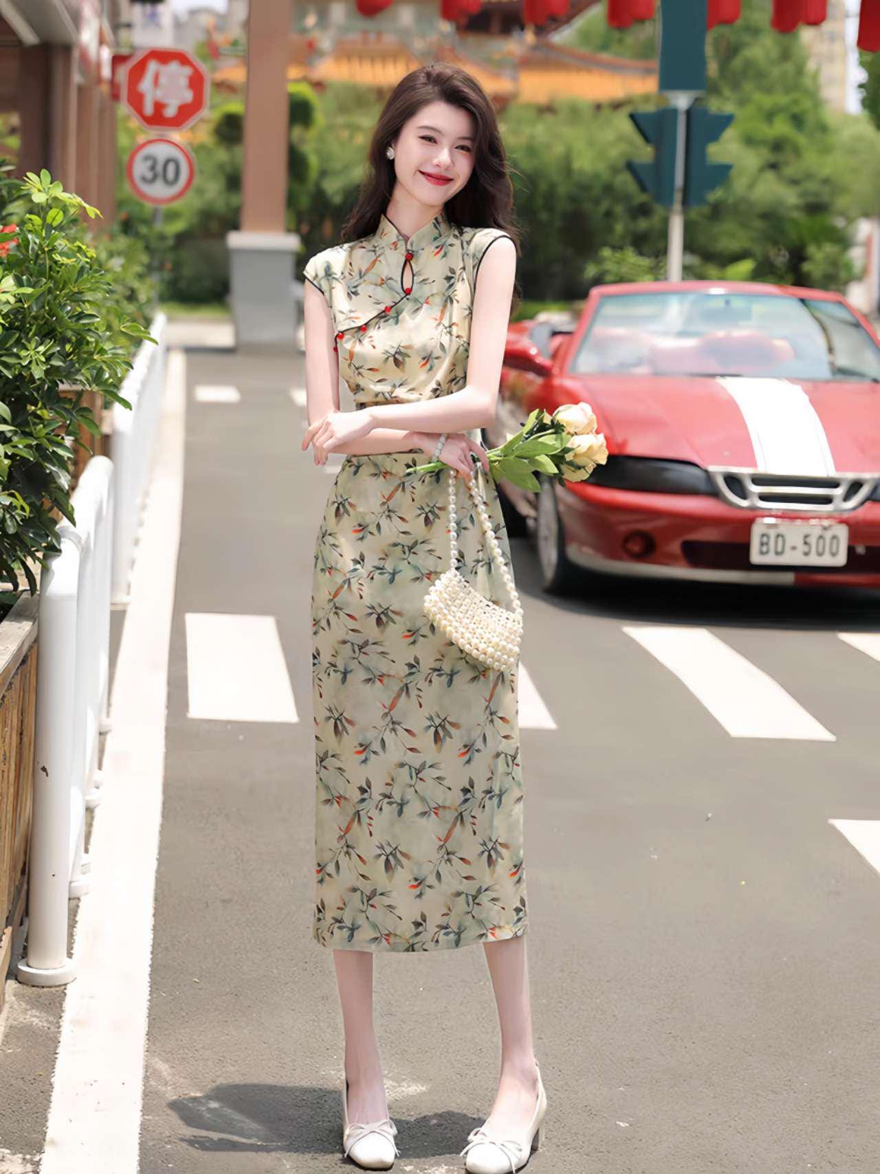 Qipao Floral Tencel, Qipao Oriental Midi, Cheongsam de Hojas de Acuarela, Vestido Tradicional Asiático, Vestido para Ceremonia del Té,regalo