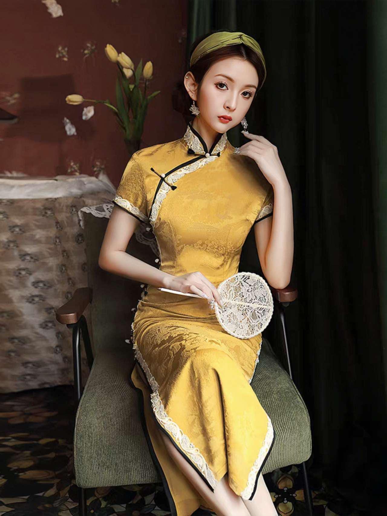 Vestido Qipao Dorado, Elegante Cheongsam Chino, Vestido Retro Largo, Vestido Cultural de Té Amarillo, Vestido Formal de Fiesta Asiático