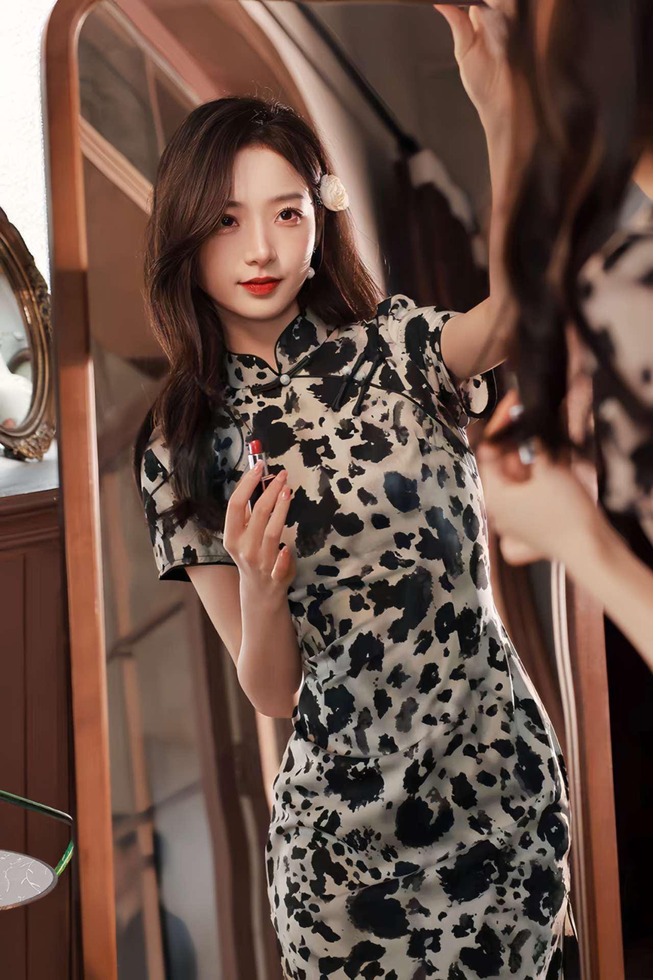 Qipao de raso con estampado de tinta, Cheongsam moderno, Qipao de leopardo blanco y negro, Vestido retro chino de verano,Vestido informal