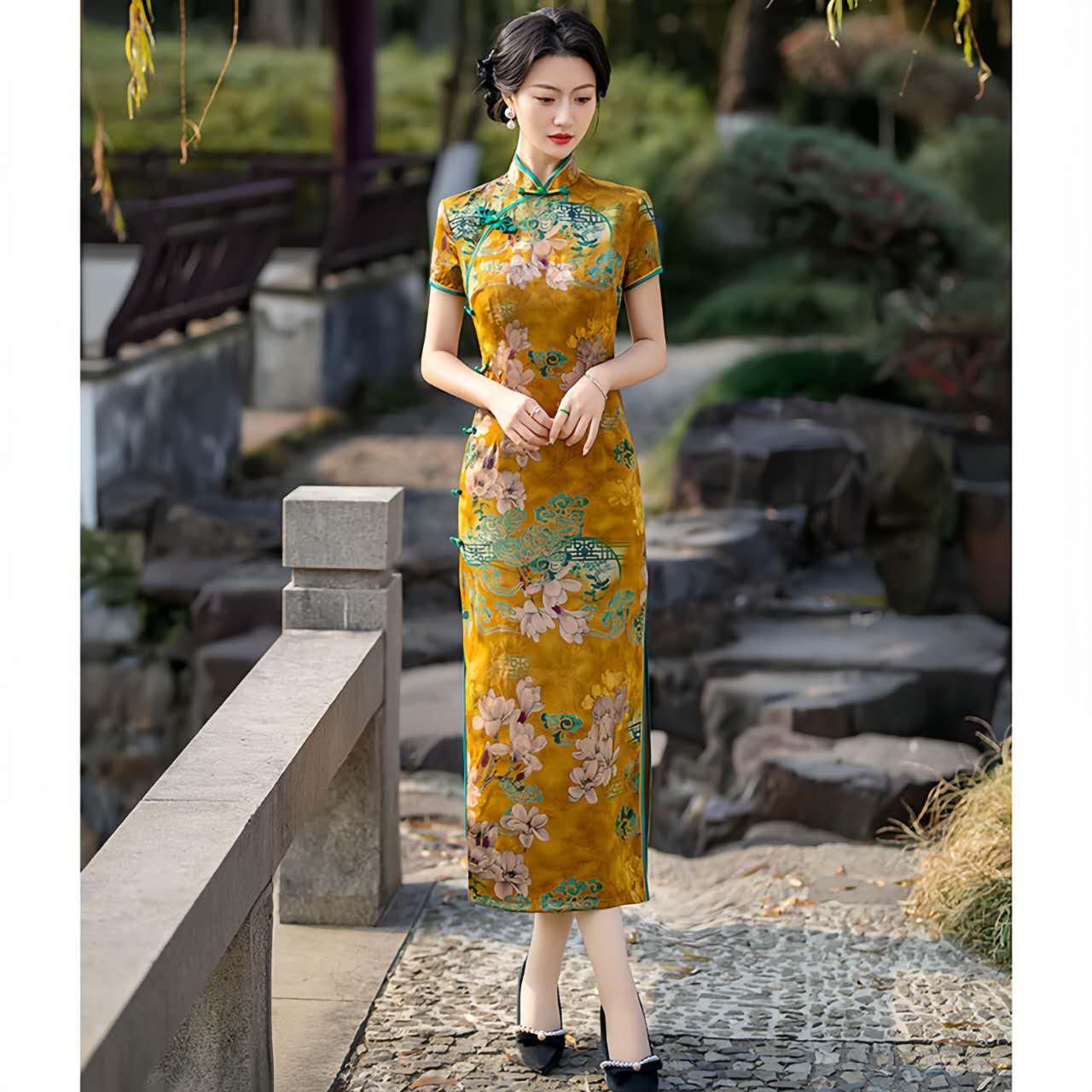 Vestido Qipao dorado, Cheongsam de seda vintage, Vestido de brocado amarillo, Vestido Formal Asiático, Atuendo para actos culturales, regalo