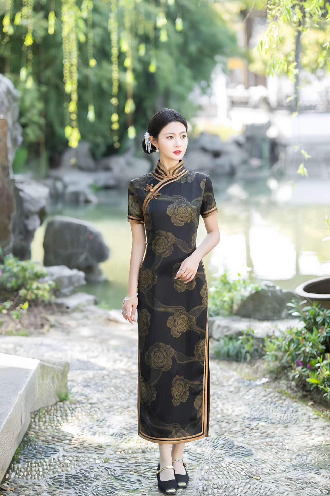 Cheongsam Clásico de Seda, Vestido Qipao Negro, Vestido Chino Vintage, Qipao con Diseño de Rosas, Vestido Tradicional, tallas grandes M-5XL
