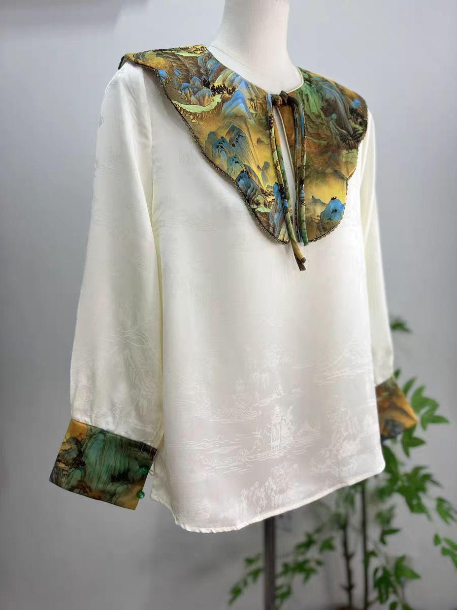 Blusa China Vintage con Cuello de Nube,Camisa Oriental de Raso Jacquard,Top Retro Inspirado en la Dinastía Tang, Camisa de Traje Étnico