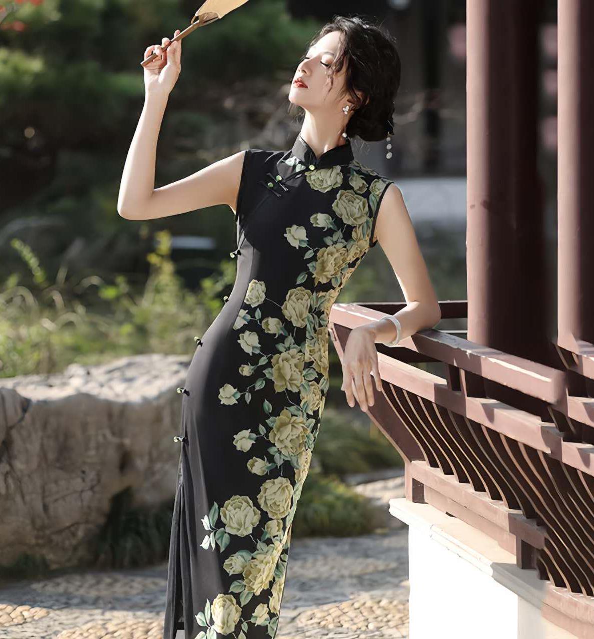 Qipao Floral Sin Mangas – Vestido Cheongsam de Malla Suiza – Elegante Vestido Chino para Fiesta de Té – Moda Asiática Vintage
