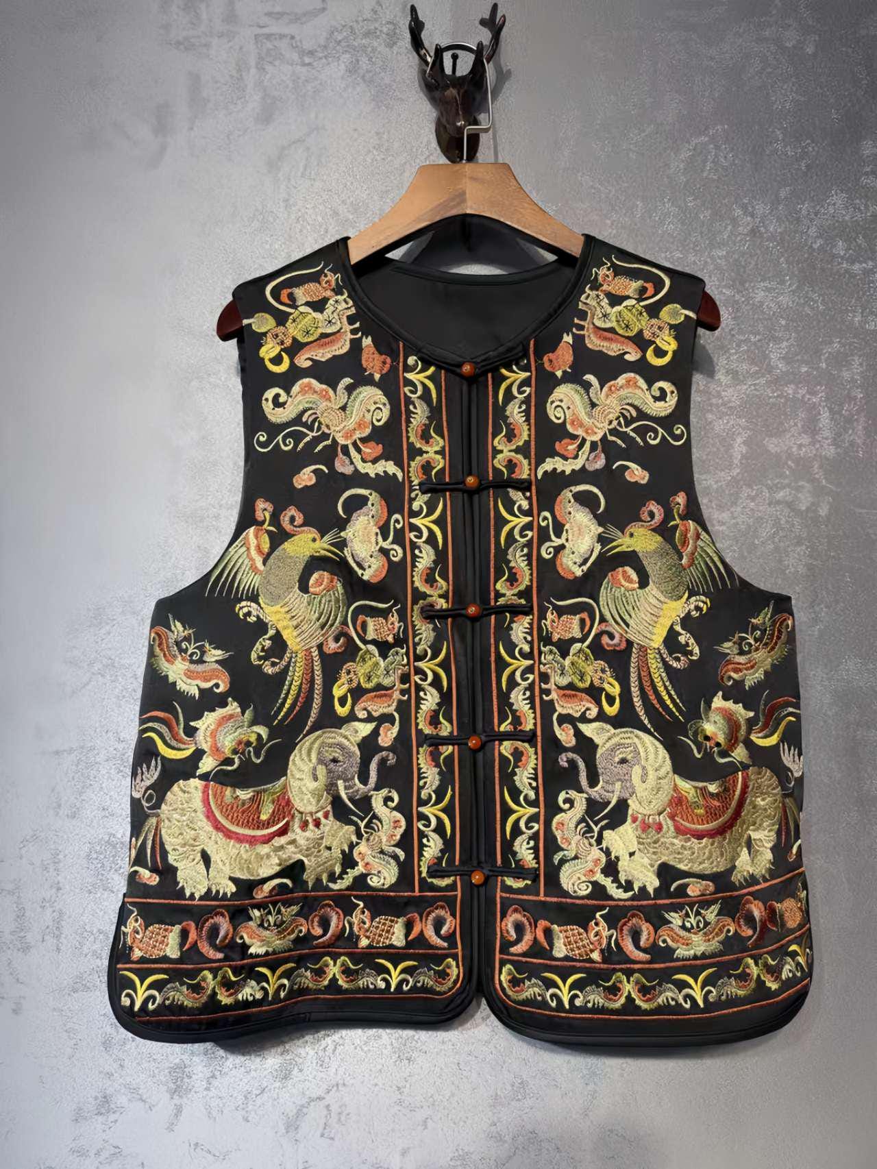Chaleco Vintage Chino con Bordado Artesanal, Chaleco Estilo Hanfu con Flores y Aves, Regalo Único para Ella, Trabajo diario/Ceremonia del té