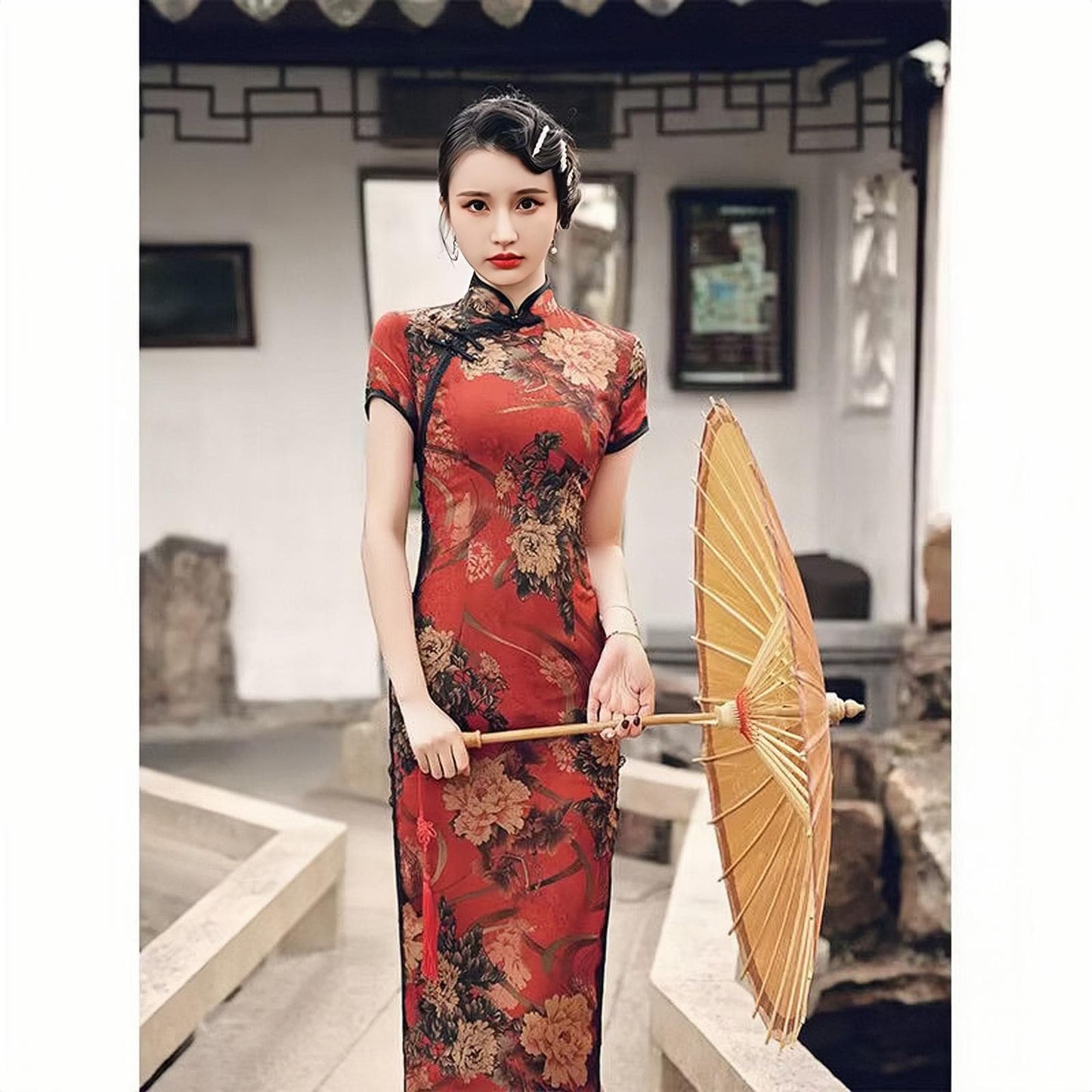 Qipao tradicional chino,vestido cheongsam floral,ropa vintage asiática,moda oriental elegante,vestido largo con abertura, vestido de fiesta