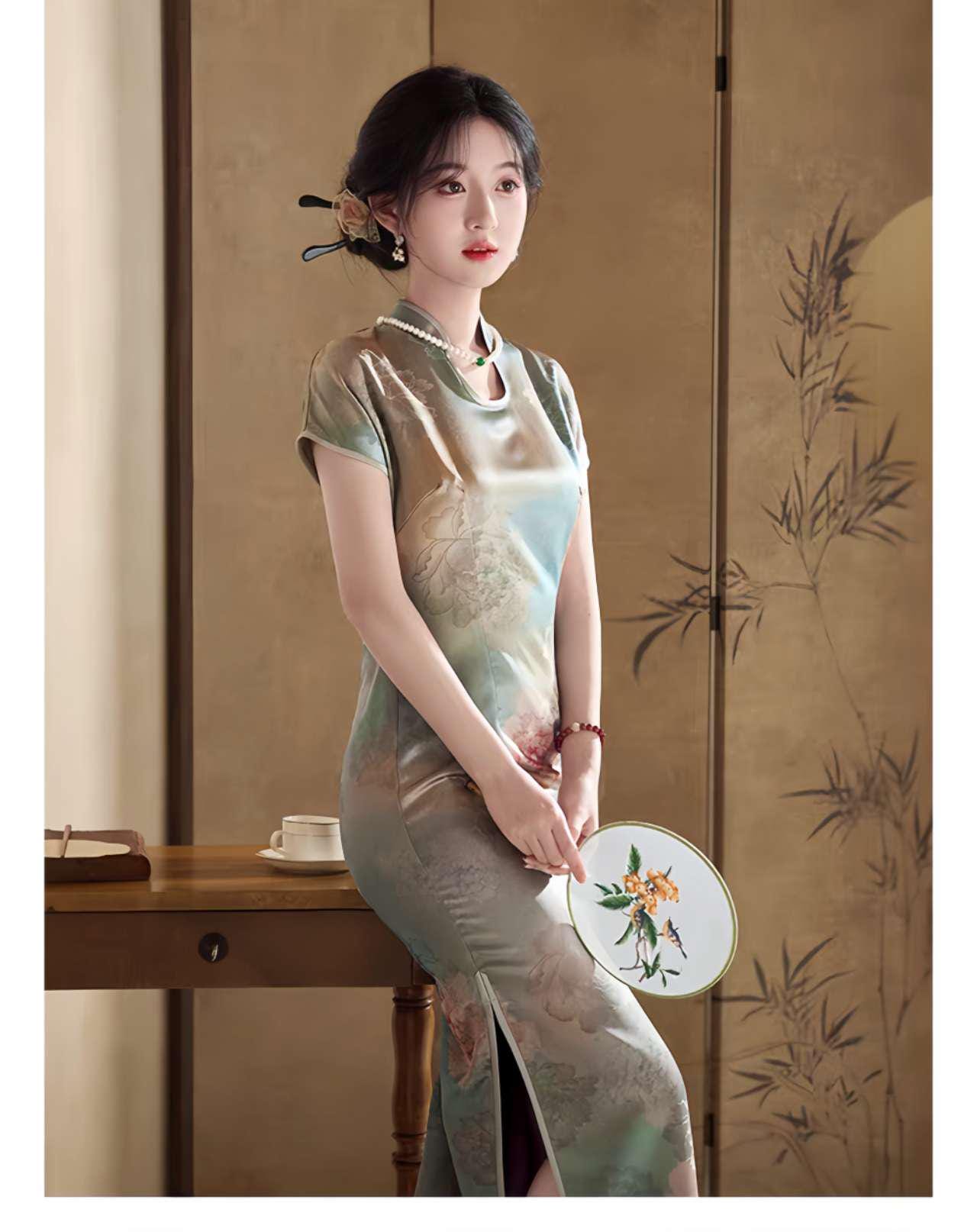 Qipao con Cuello de Gota de Agua, Cheongsam Vintage, Qipao con Aspecto de Seda Suave, Qipao Primavera Verano, Vestido Tradicional Chino