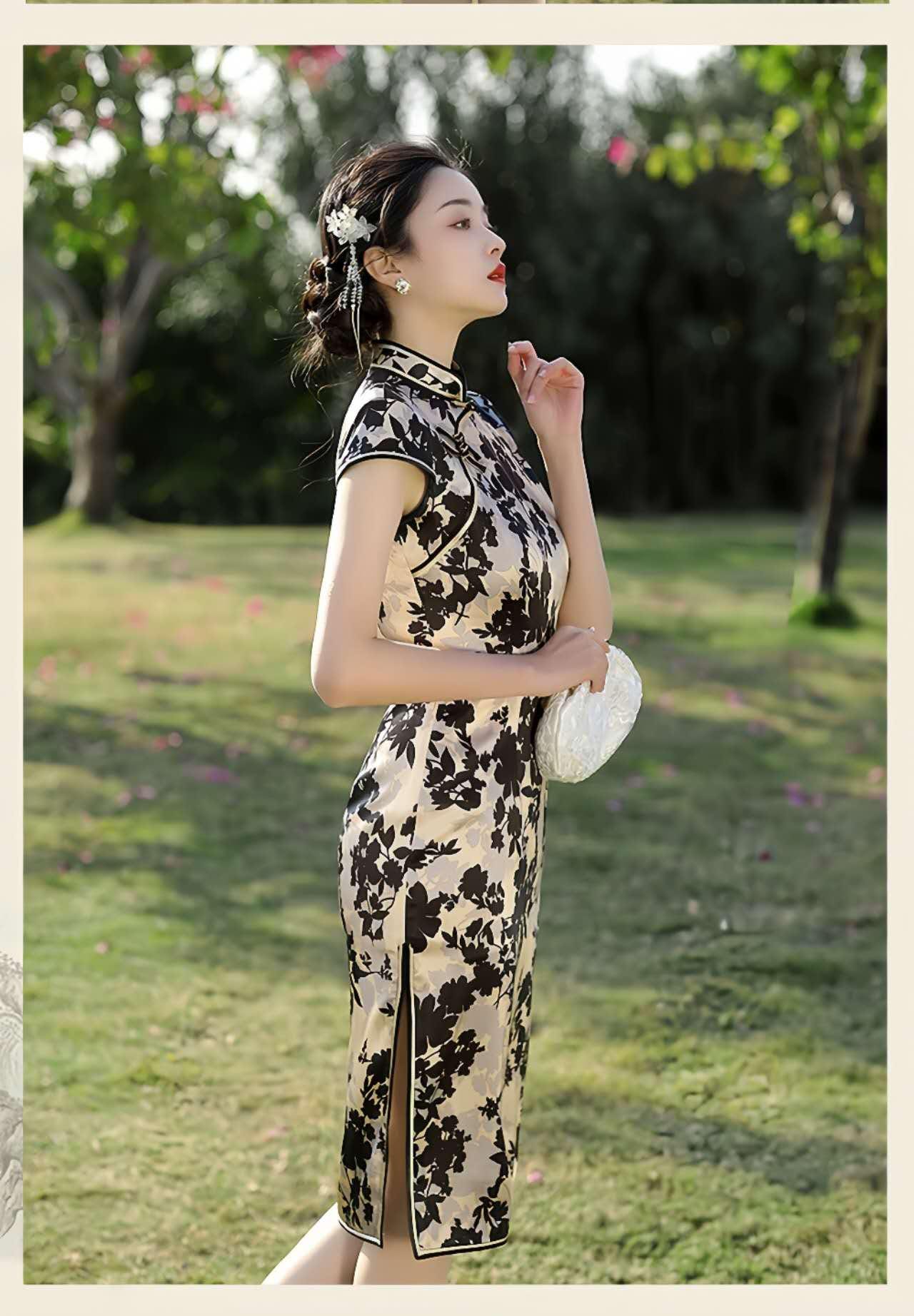 Vestido Qipao Vintage de Seda, Cheongsam Retro para Mujer,Vestido Negro y Dorado, Elegante Vestido Estilo Tang,Vestido para Ceremonia del Té