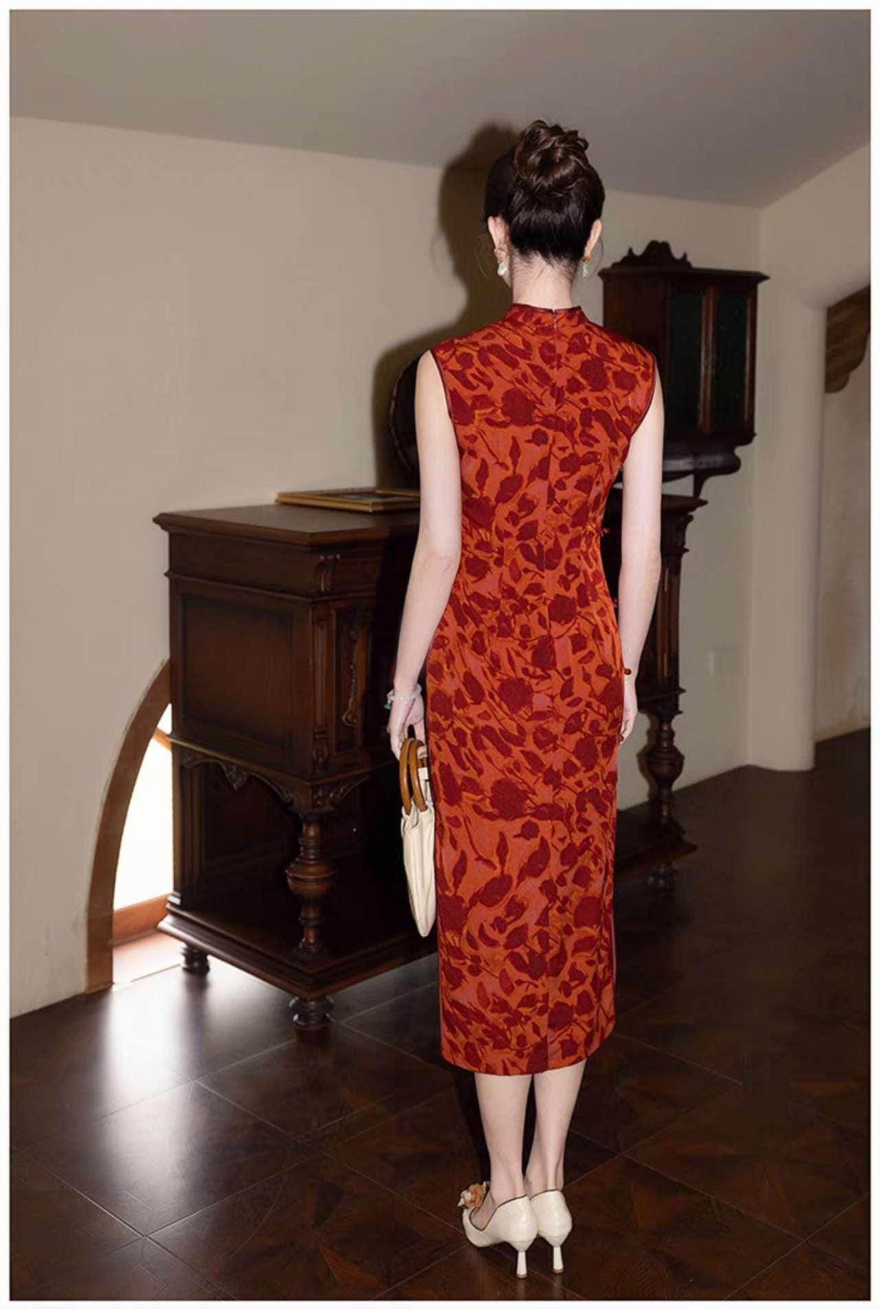 Qipao Floral Rojo, Vestido Chino Retro, Cheongsam Vintage, Traje de Boda, Elegante Moda Asiática, Vestido para Té o Gala, regalo para ella