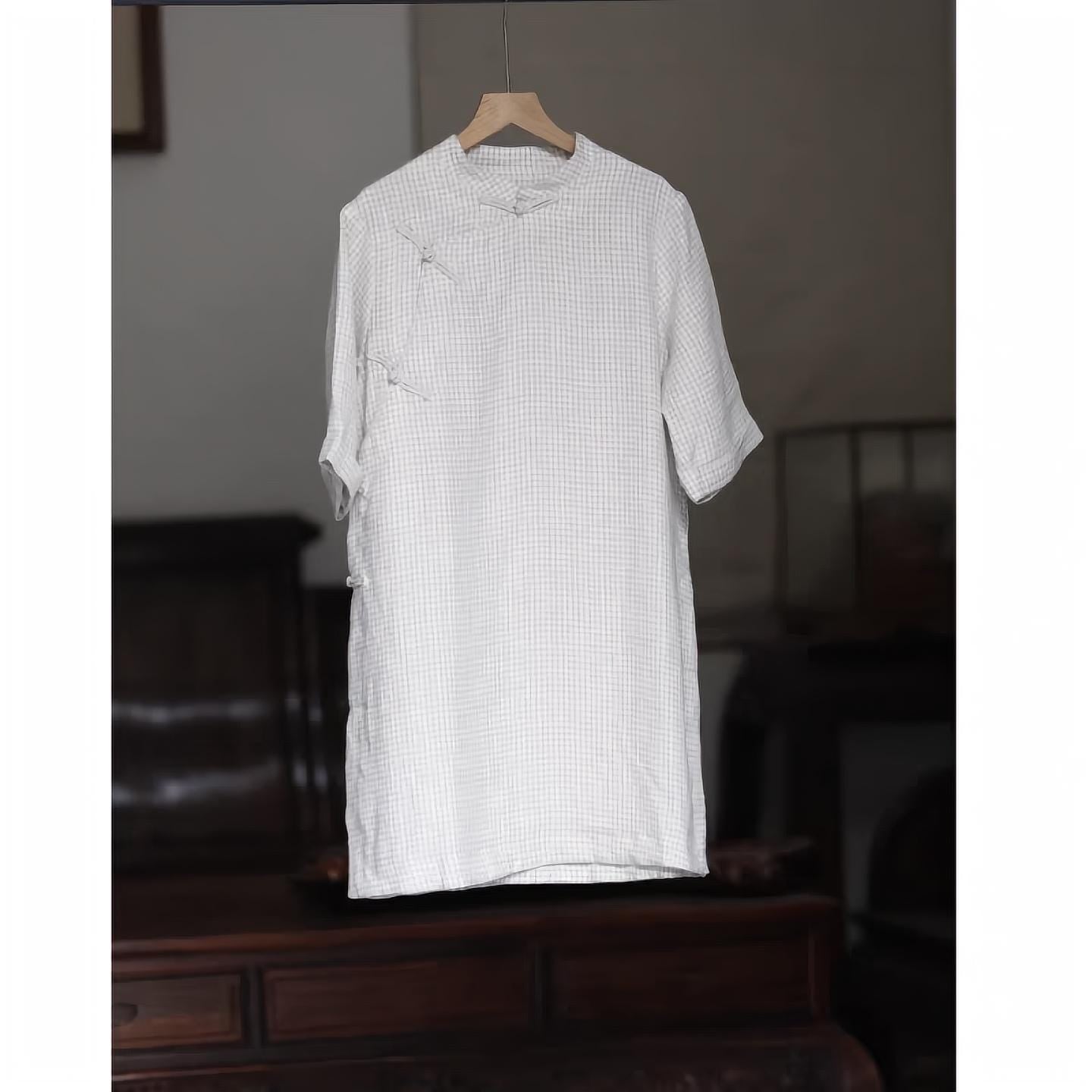 Camisa china a cuadros, Top Hanfu de lino, Blusa retro, Camisa Zen Guinga, Camisa Cheongsam minimalista, Top para la ceremonia del té