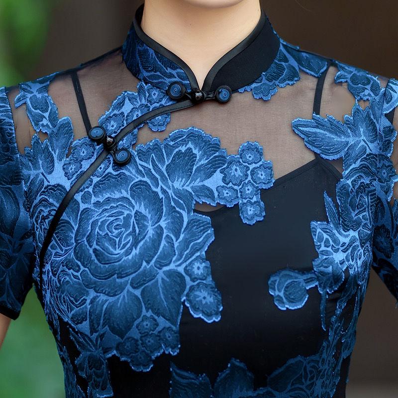 Vestido Qipao de encaje azul – Cheongsam con hombros transparentes – Vestido floral de fiesta – Tallas grandes M-5XL