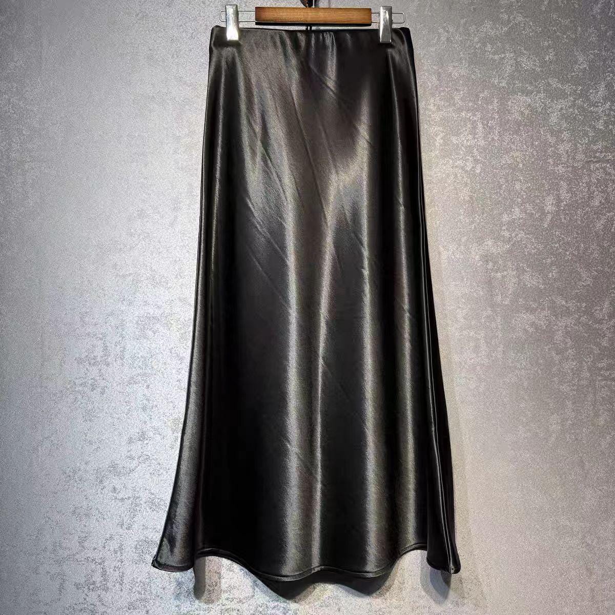 Falda Midi de Raso de Seda, Falda de Acetato con Dobladillo de Sirena, Elegante Maxi Falda Minimalista, Falda Estilo Parisino Intemporal