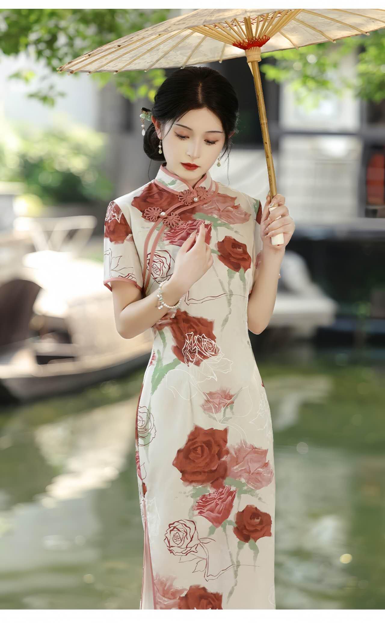 Qipao Estilo Francés, Cheongsam Rosa Floral,Vestido Romántico de Jardín, Qipao de Satén Brocado, Vestido Artístico Femenino,regalo para ella