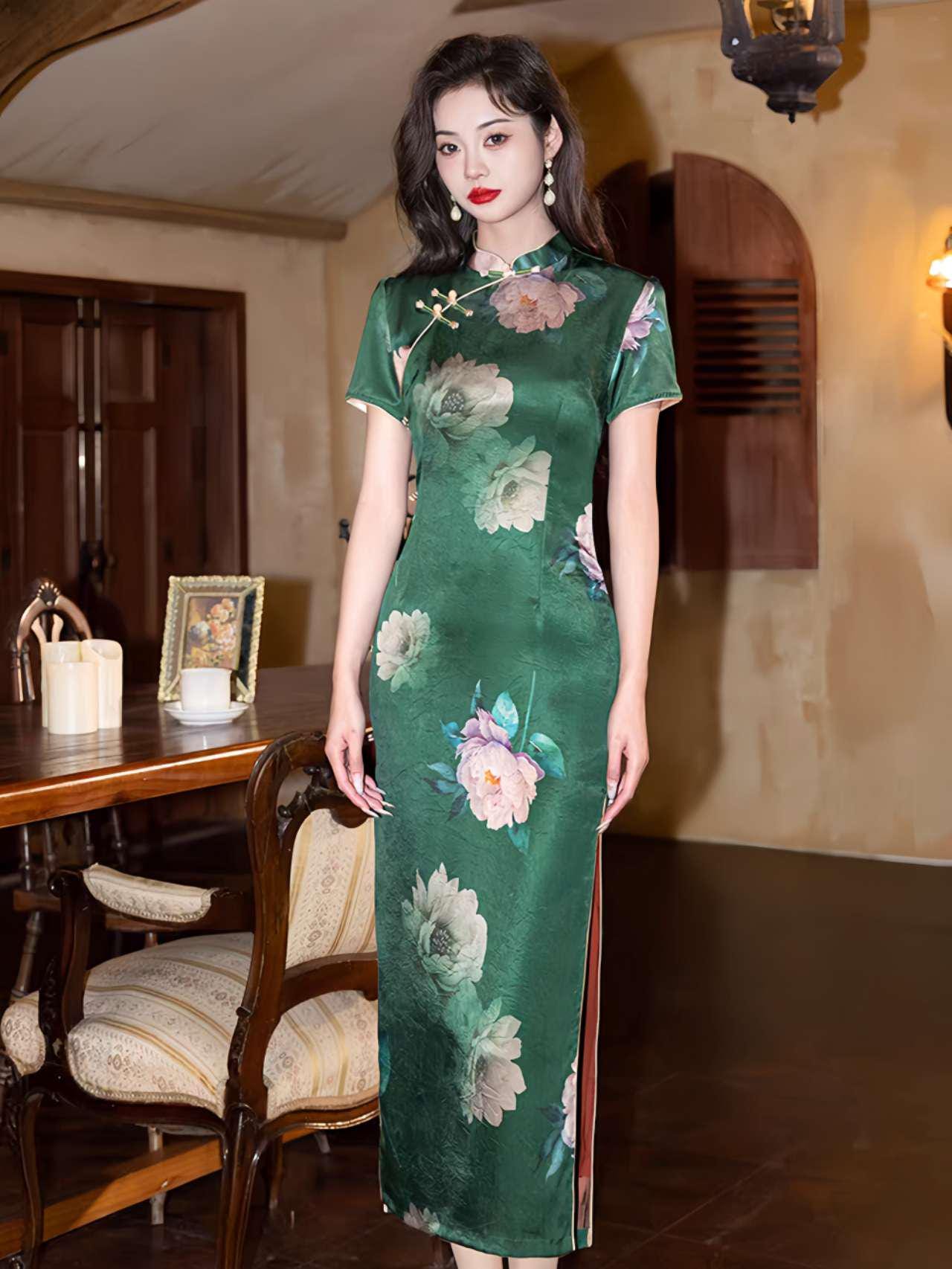 Qipao de raso verde, Elegante Cheongsam floral, Vestido chino vintage, Vestido verde oscuro, Traje de novia asiático, Ceremonia del Té