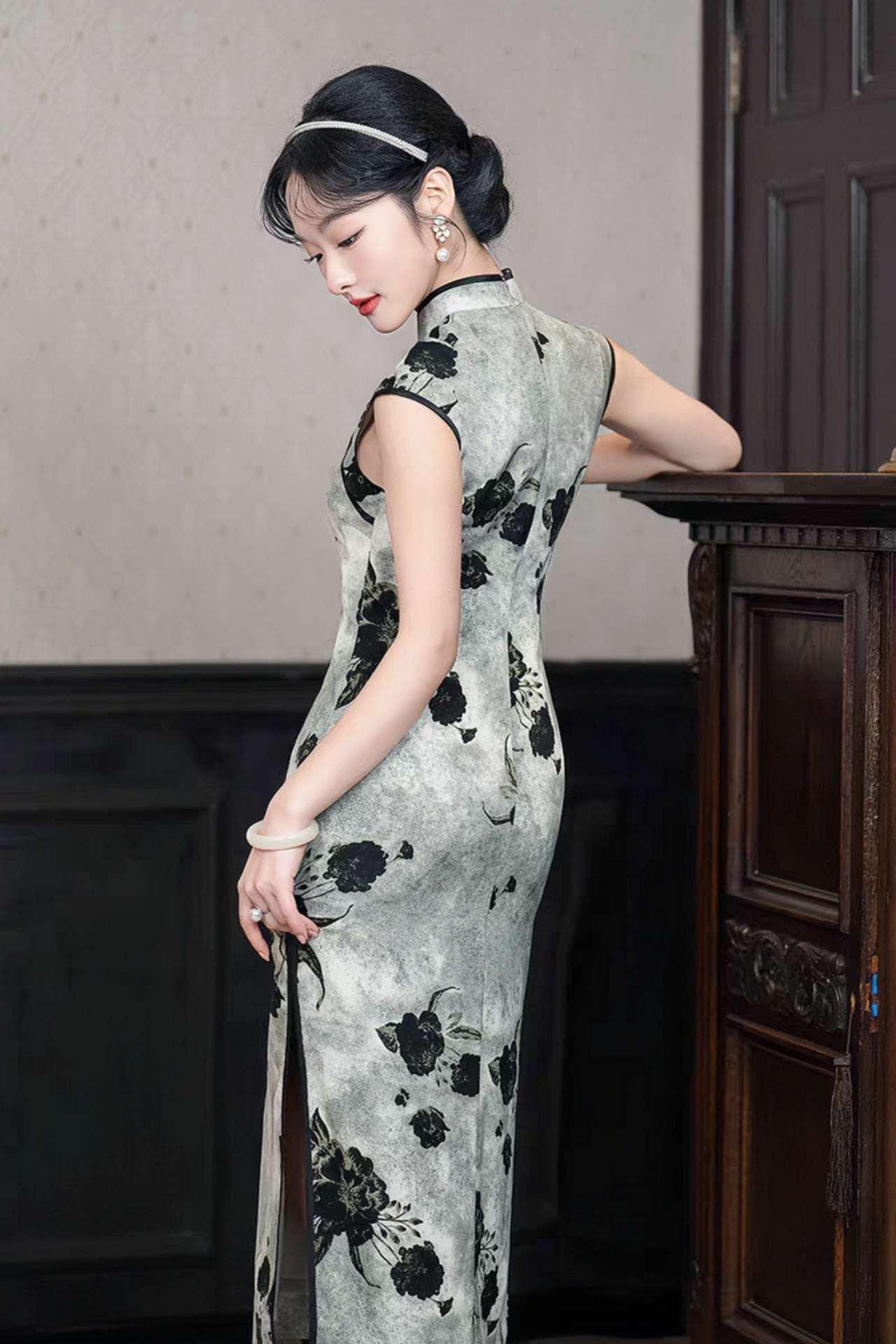 Qipao Floral Tinta, Vestido Cheongsam Gris, Qipao Vintage Moderno, Moda Retro Asiática, Look Clásico Chino, Vestido para Ceremonia del Té