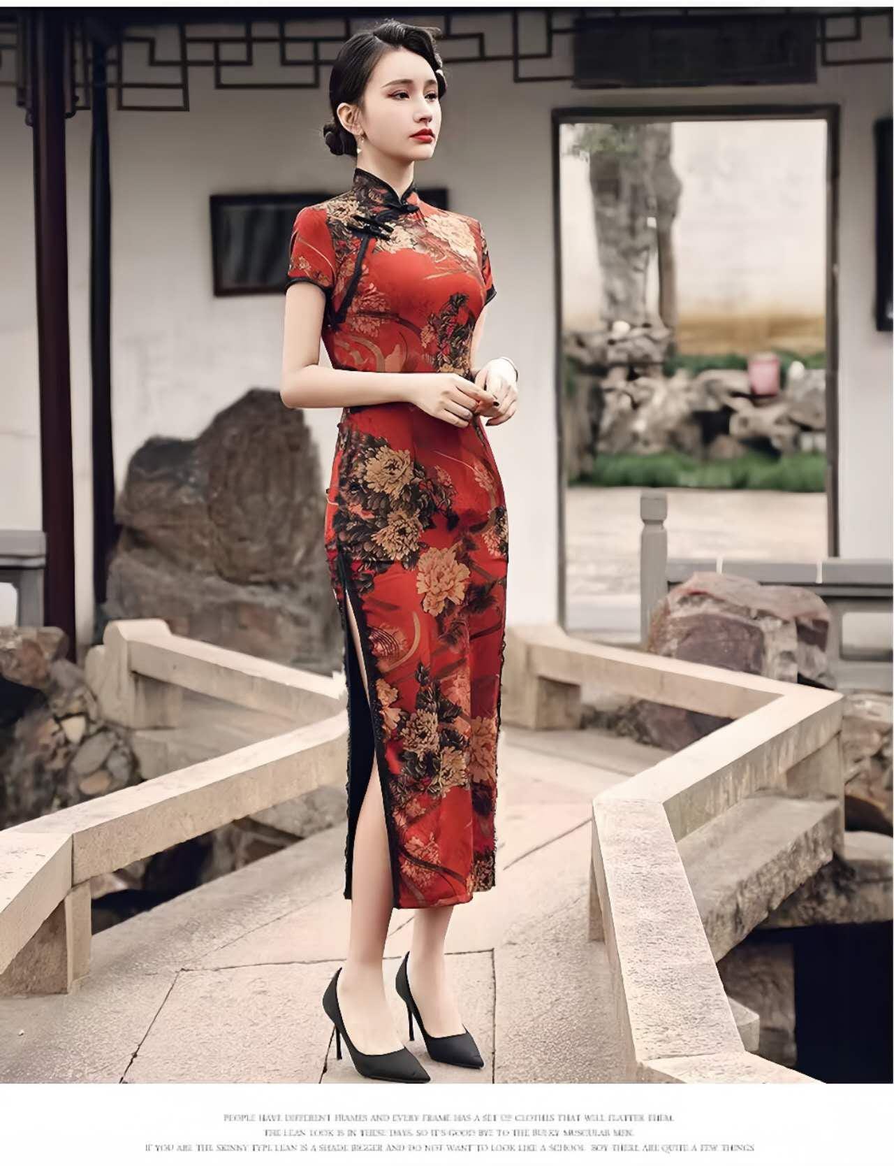 Qipao tradicional chino,vestido cheongsam floral,ropa vintage asiática,moda oriental elegante,vestido largo con abertura, vestido de fiesta