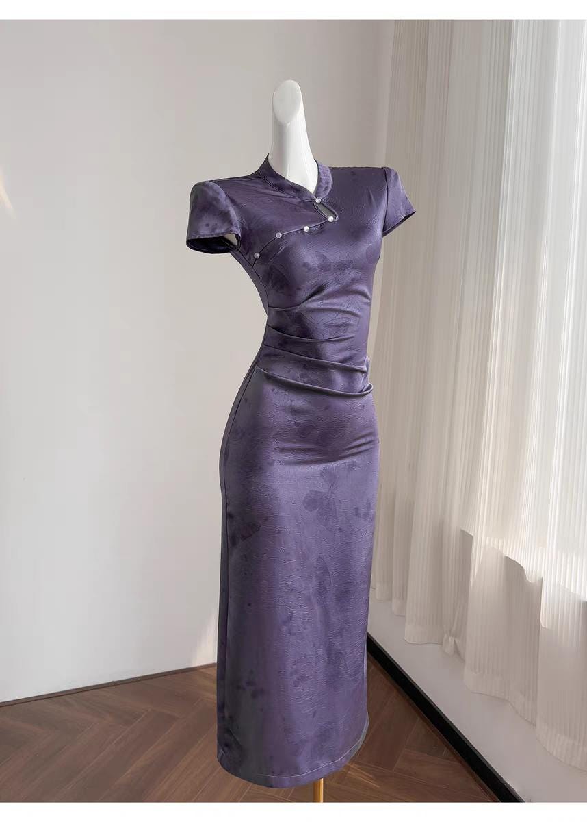 Qipao púrpura, vestido chino cheongsam vintage, vestido antiguo estilo Shangai, vestido retro de cóctel,Vestido Vintage Elegante para Té