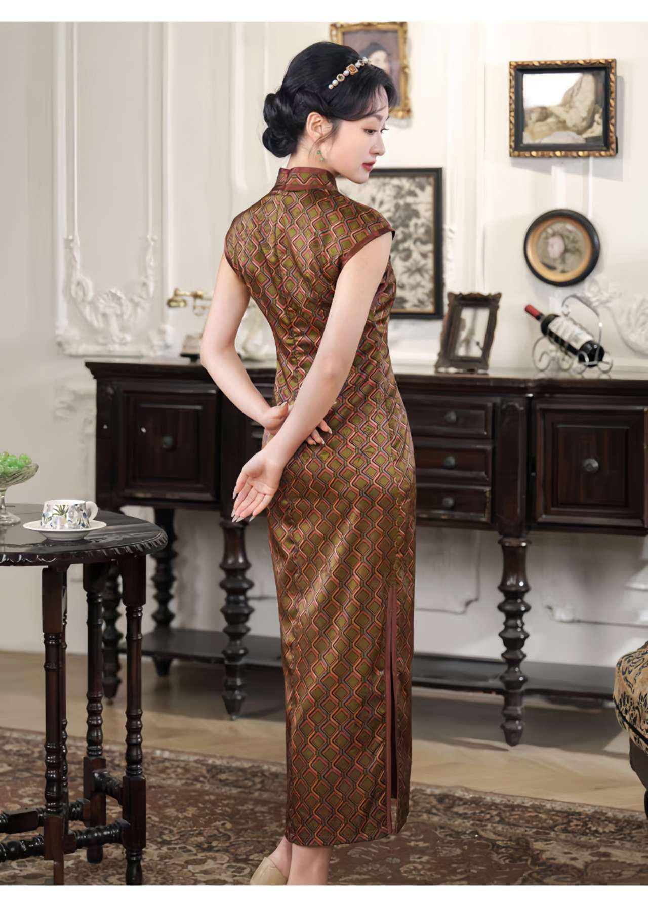 Qipao Jacquard Retro, Vestido Chino Vintage, Elegante Vestido Cheongsam, Vestido de Fiesta Oriental, Vestido de Noche, Ceremonia del Té