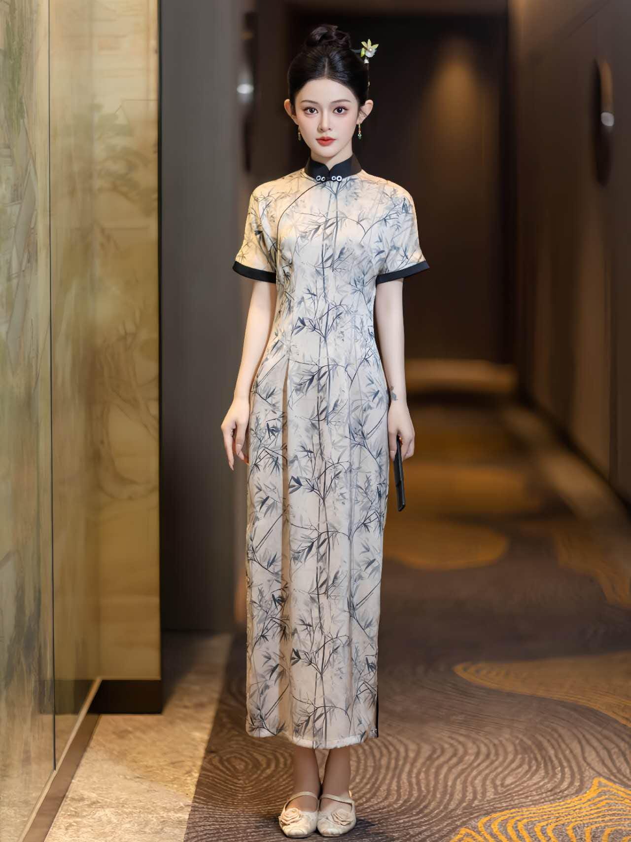 Cheongsam blanco de bambú,Qipao floral de bambú,Vestido estilo acuarela, Traje formal asiático, Vestido retro chino,Vestido Vintage para Té