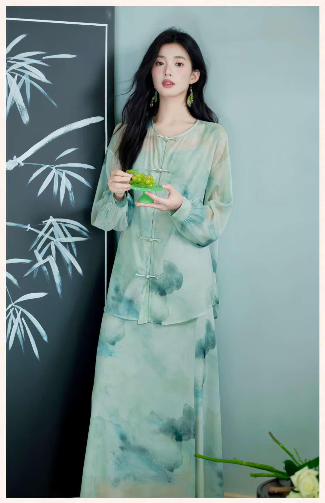 Elegante Conjunto Dos Piezas,Vestido Estilo Zen,Moderno Conjunto Hanfu,Conjunto Verano Oficina,Vestido Asiático Minimalista,Ceremonia del Té