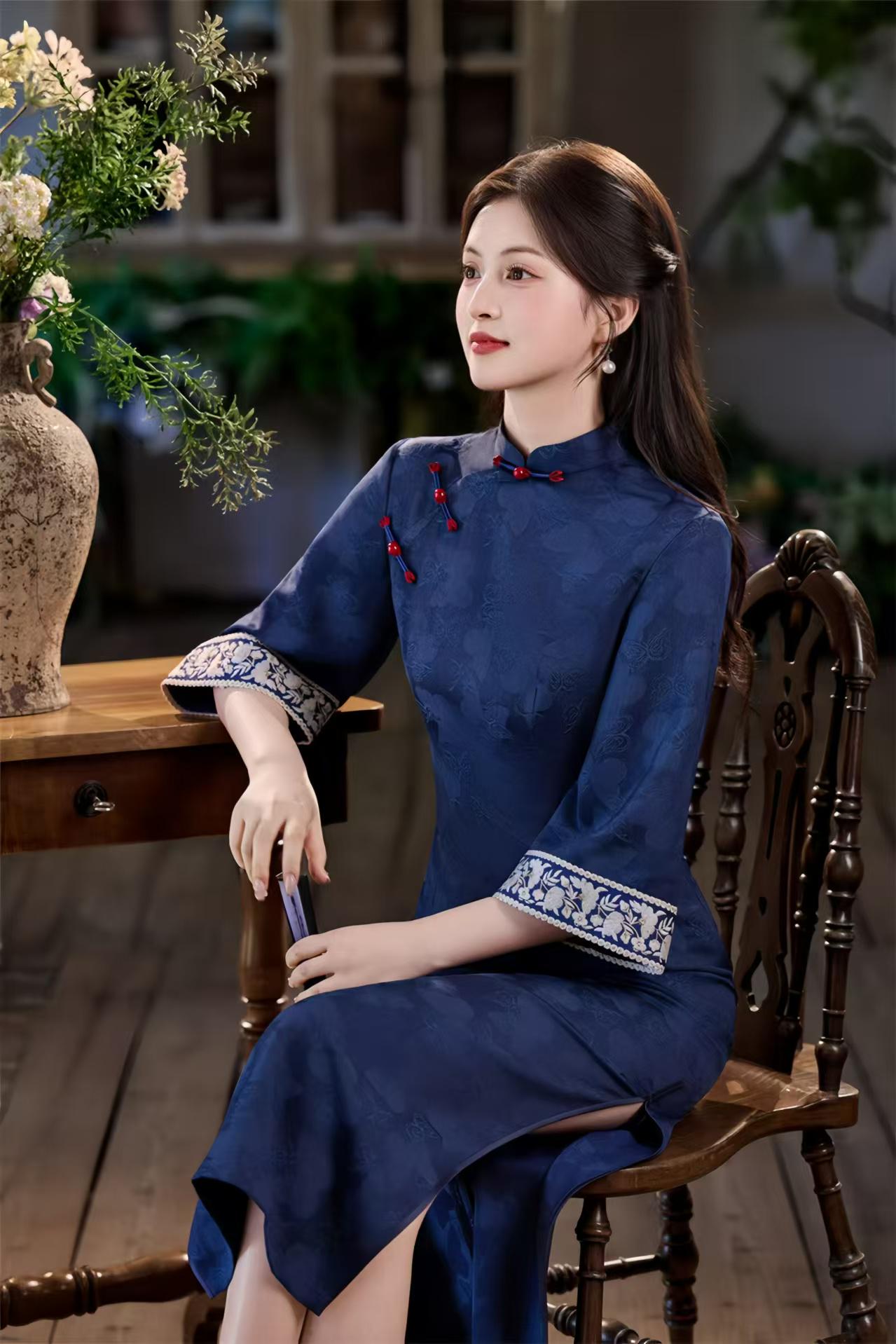 Vestido Qipao Vintage Jacquard,Maxi Cheongsam Retro Chino,Elegante Vestido de Noche con Cuello Mandarín,Estilo Asiático con Bordados,Regalo