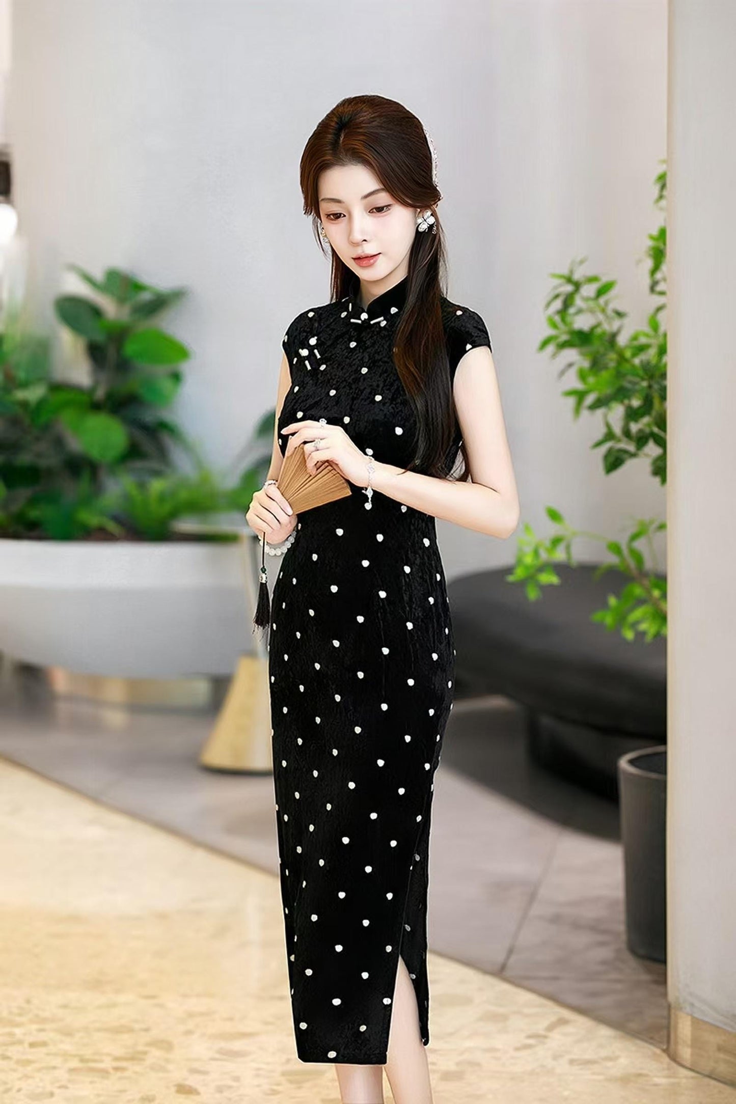 Qipao de terciopelo negro con lunares, Vestido chino, Cheongsam largo elegante, Vestido de fiesta asiático vintage, formal, Ceremonia del Té
