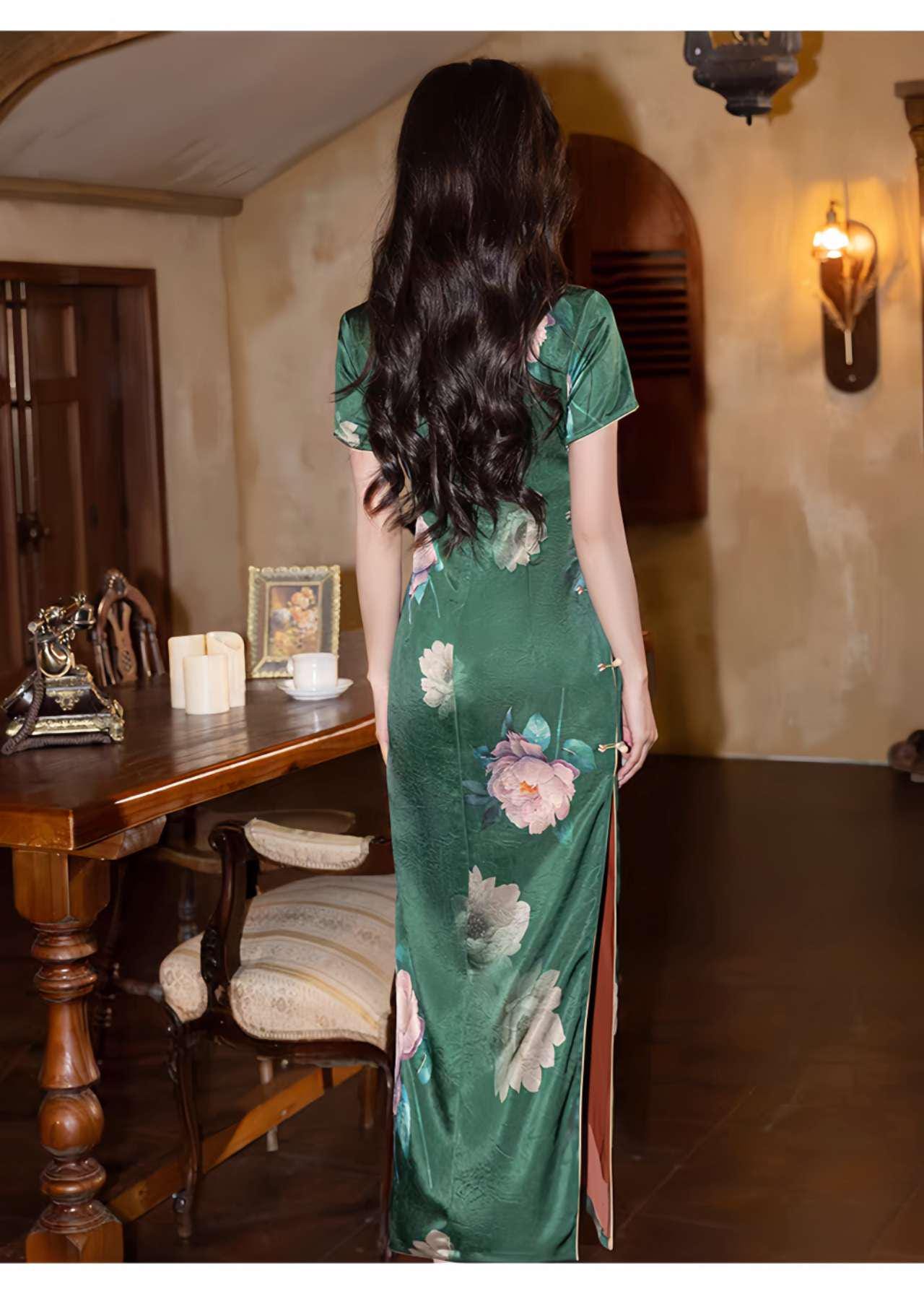 Qipao de raso verde, Elegante Cheongsam floral, Vestido chino vintage, Vestido verde oscuro, Traje de novia asiático, Ceremonia del Té