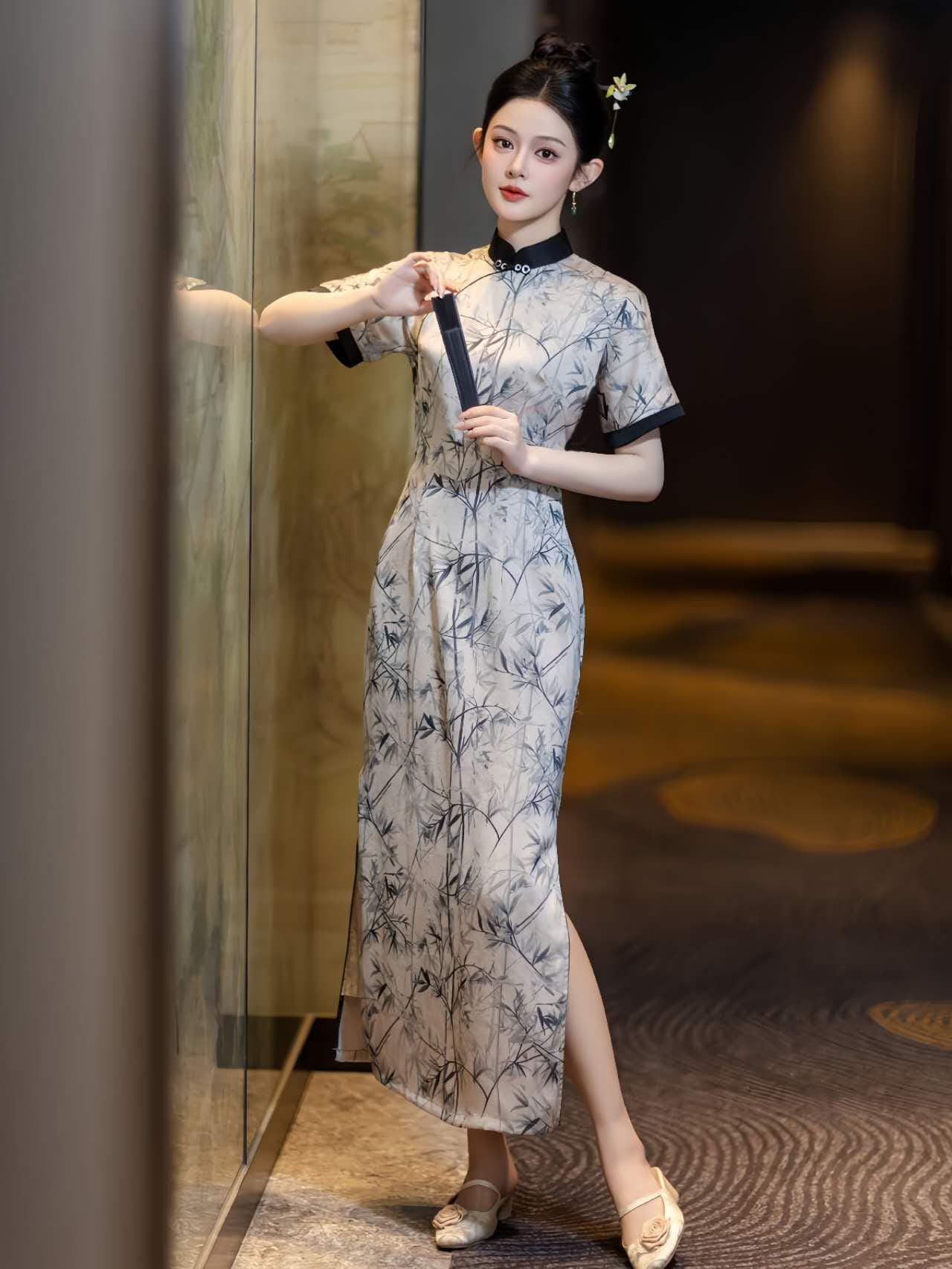 Cheongsam blanco de bambú,Qipao floral de bambú,Vestido estilo acuarela, Traje formal asiático, Vestido retro chino,Vestido Vintage para Té