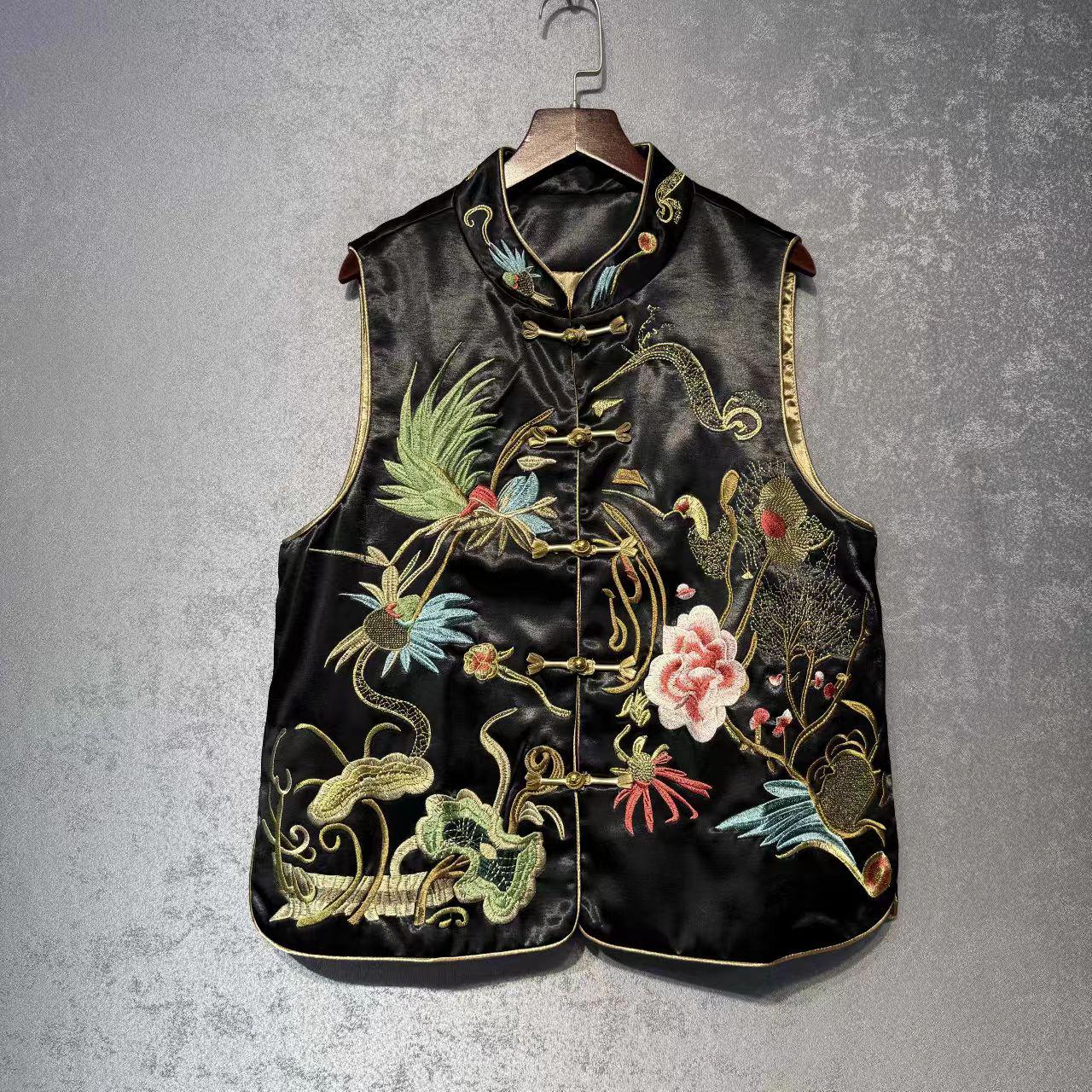 Chaleco Vintage Chino con Bordado Artesanal, Chaleco Estilo Hanfu con Flores y Aves, Regalo Único para Ella, Trabajo diario/Ceremonia del té