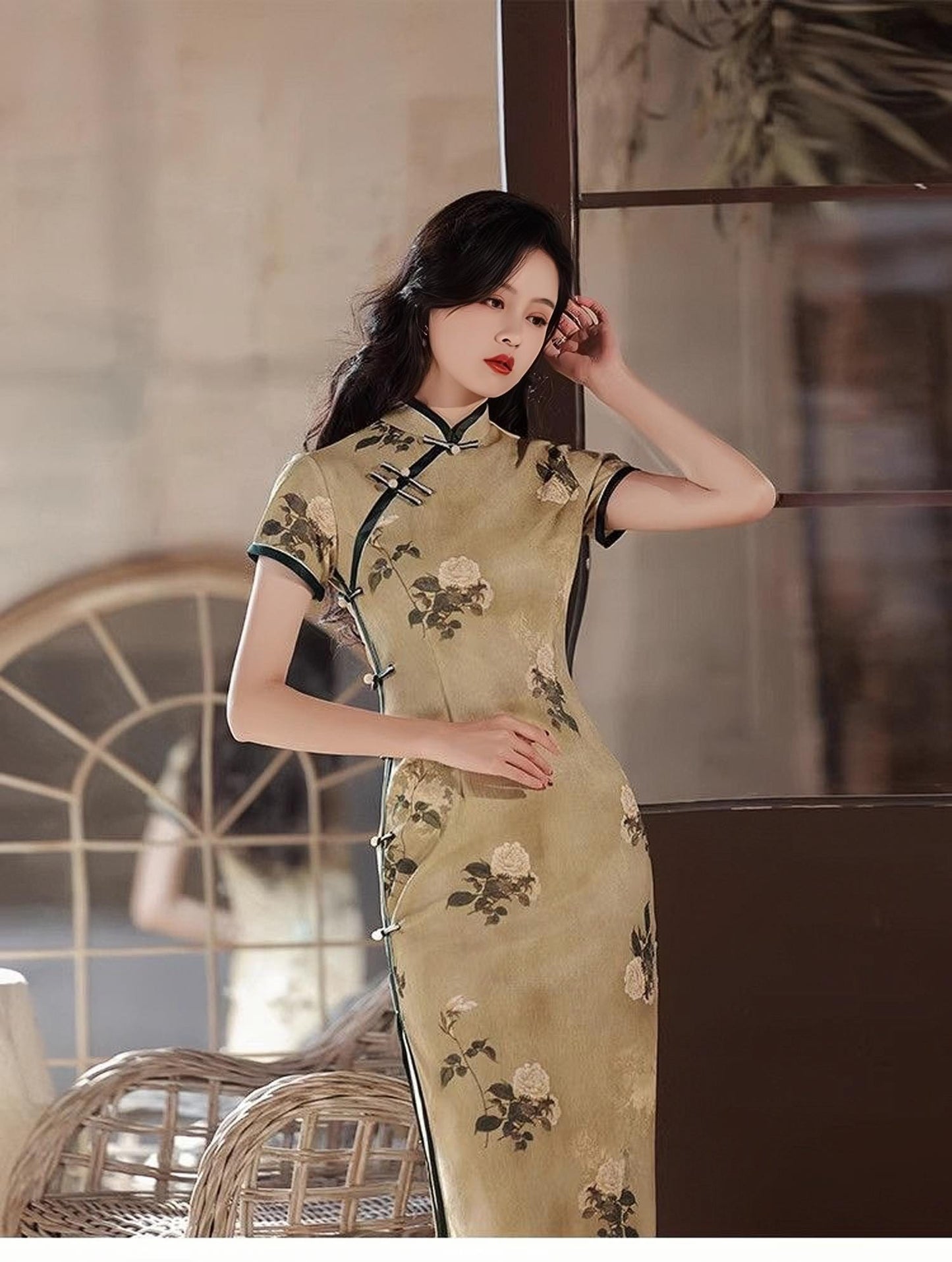 Vestido Qipao de Lino Vintage, Cheongsam Floral Chino Retro, Vestido Mandarina Ramio Natural,Traje para la Fiesta del Té, Vestido Midi