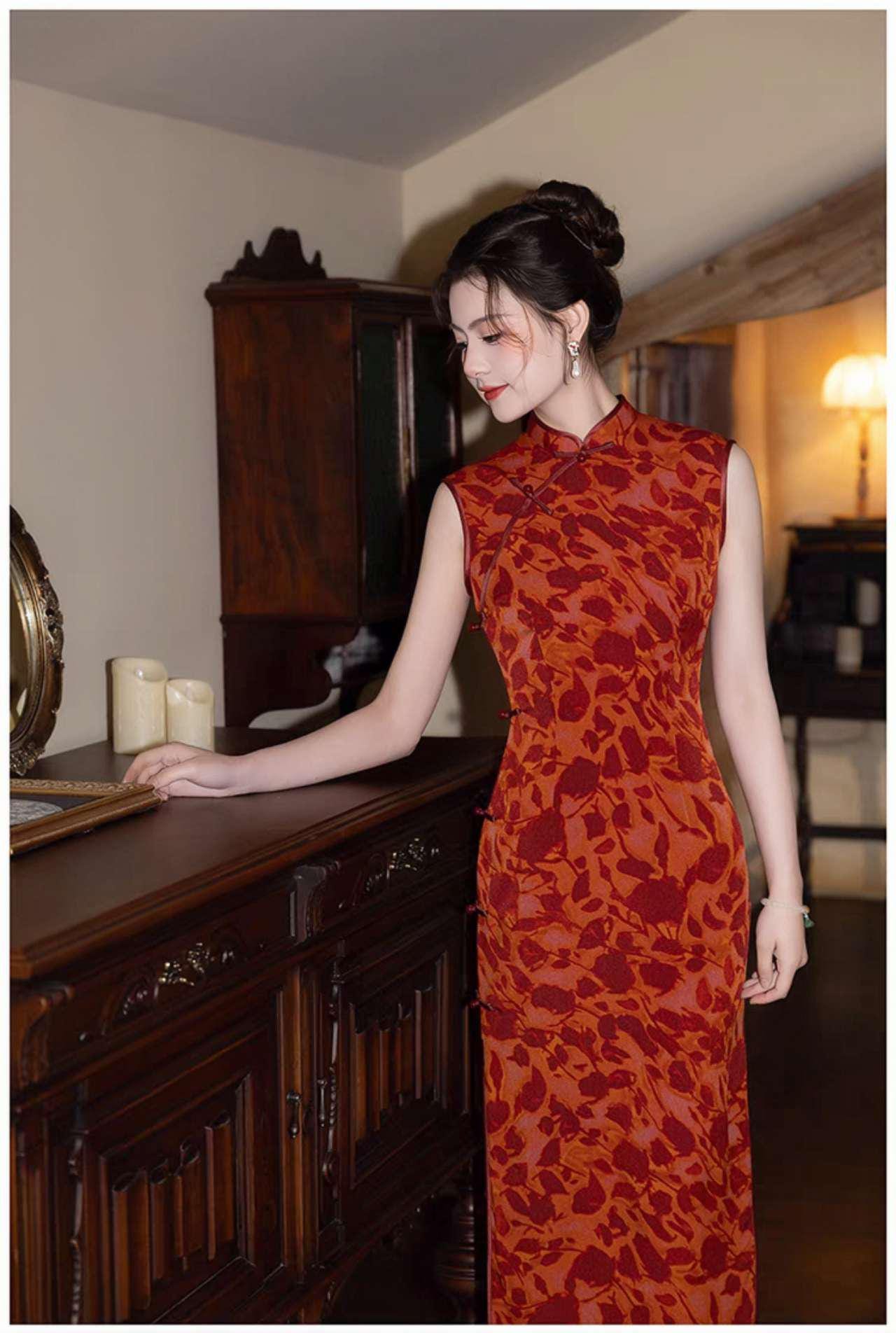 Qipao Floral Rojo, Vestido Chino Retro, Cheongsam Vintage, Traje de Boda, Elegante Moda Asiática, Vestido para Té o Gala, regalo para ella