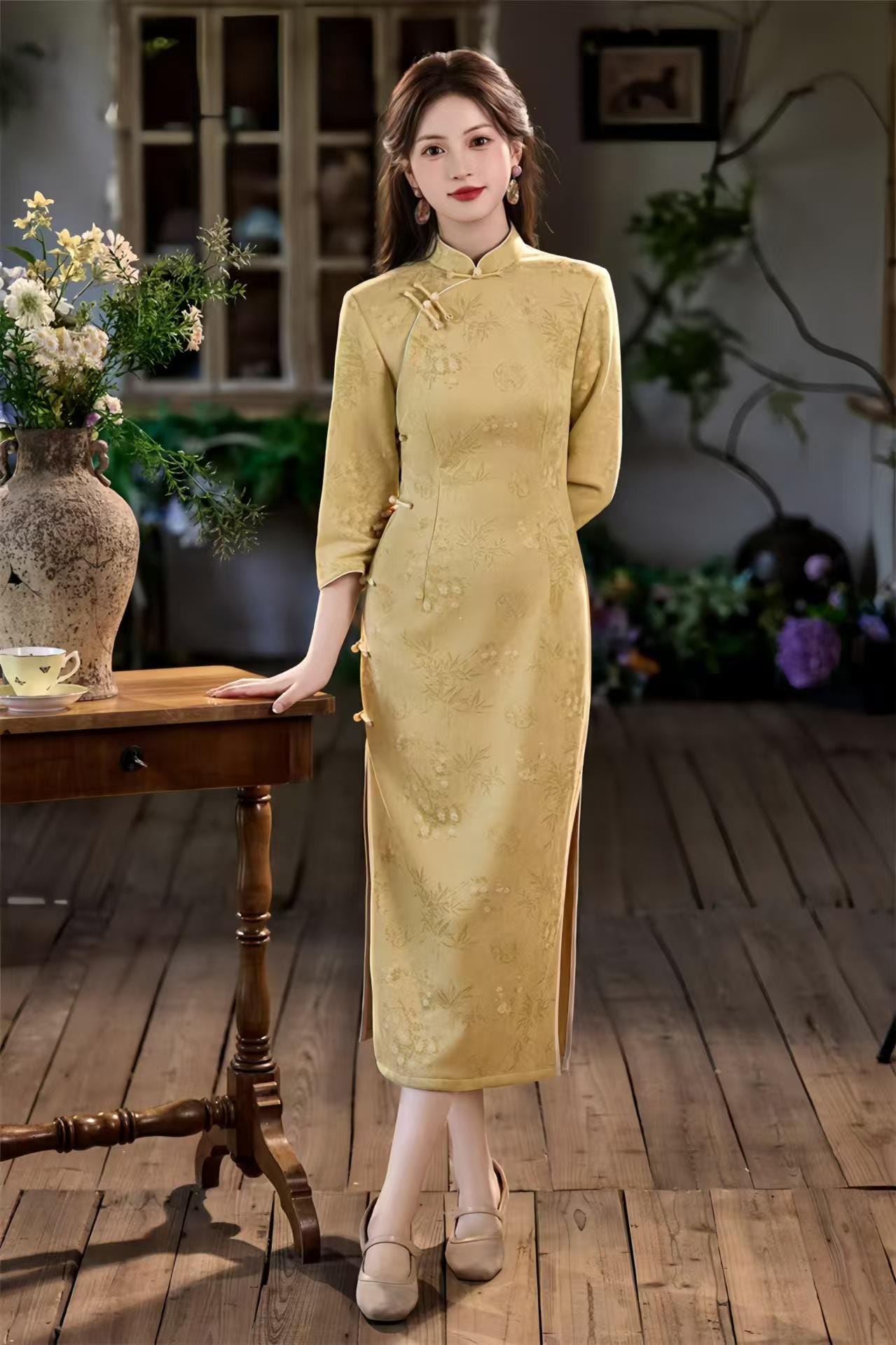 Long Cheongsam with Side Buttons, Faux Suede Velvet Qipao, Elegant Traditional Dress, Autumn Chinese Dress, Yellow