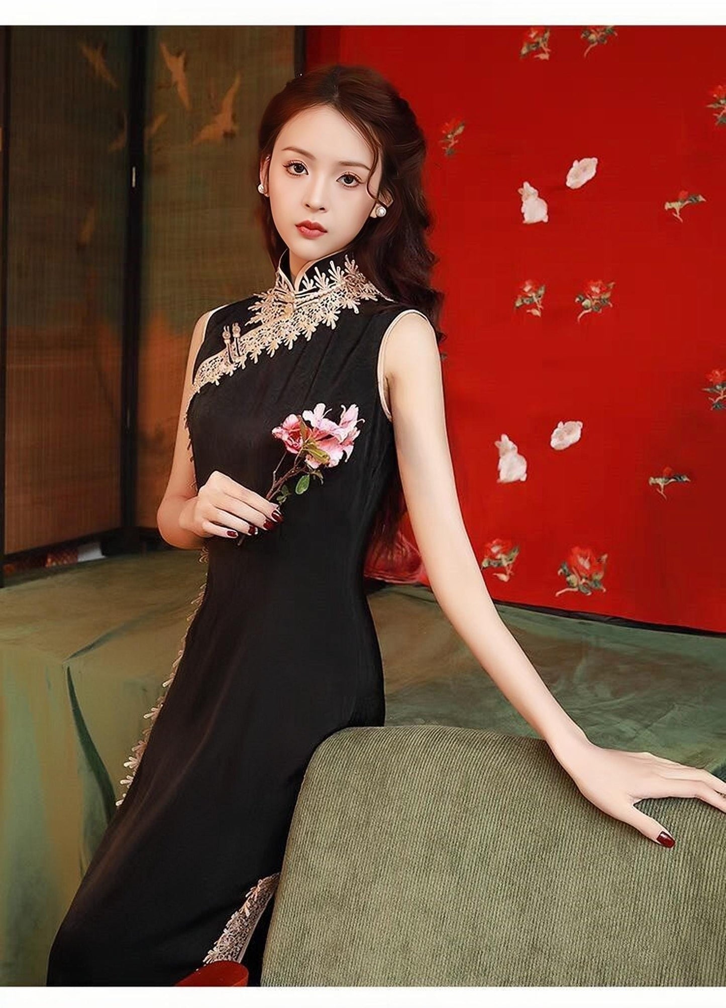vestido qipao negro,vestido largo tradicional chino, Cheongsam estilo Shanghái retro, vestido asiático sexy,Vestido Vintage para Té