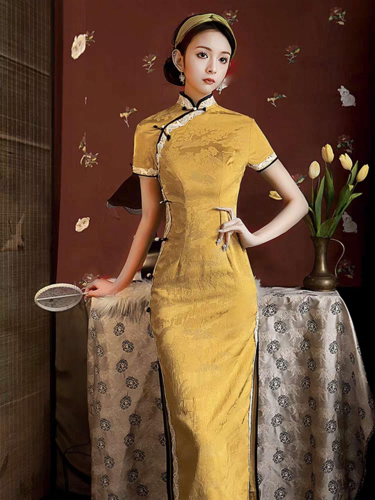 Vestido Qipao Dorado, Elegante Cheongsam Chino, Vestido Retro Largo, Vestido Cultural de Té Amarillo, Vestido Formal de Fiesta Asiático