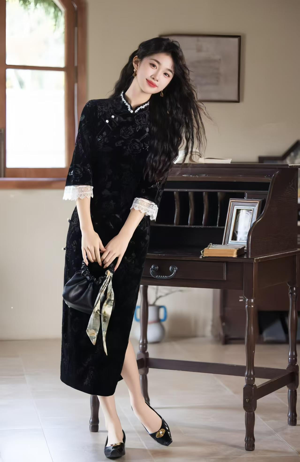 Pink Velvet Jacquard Qipao, Black Midi Cheongsam Dress, Elegant Chinese Dress with Lace Trim, Vintage Autumn Oriental Dress