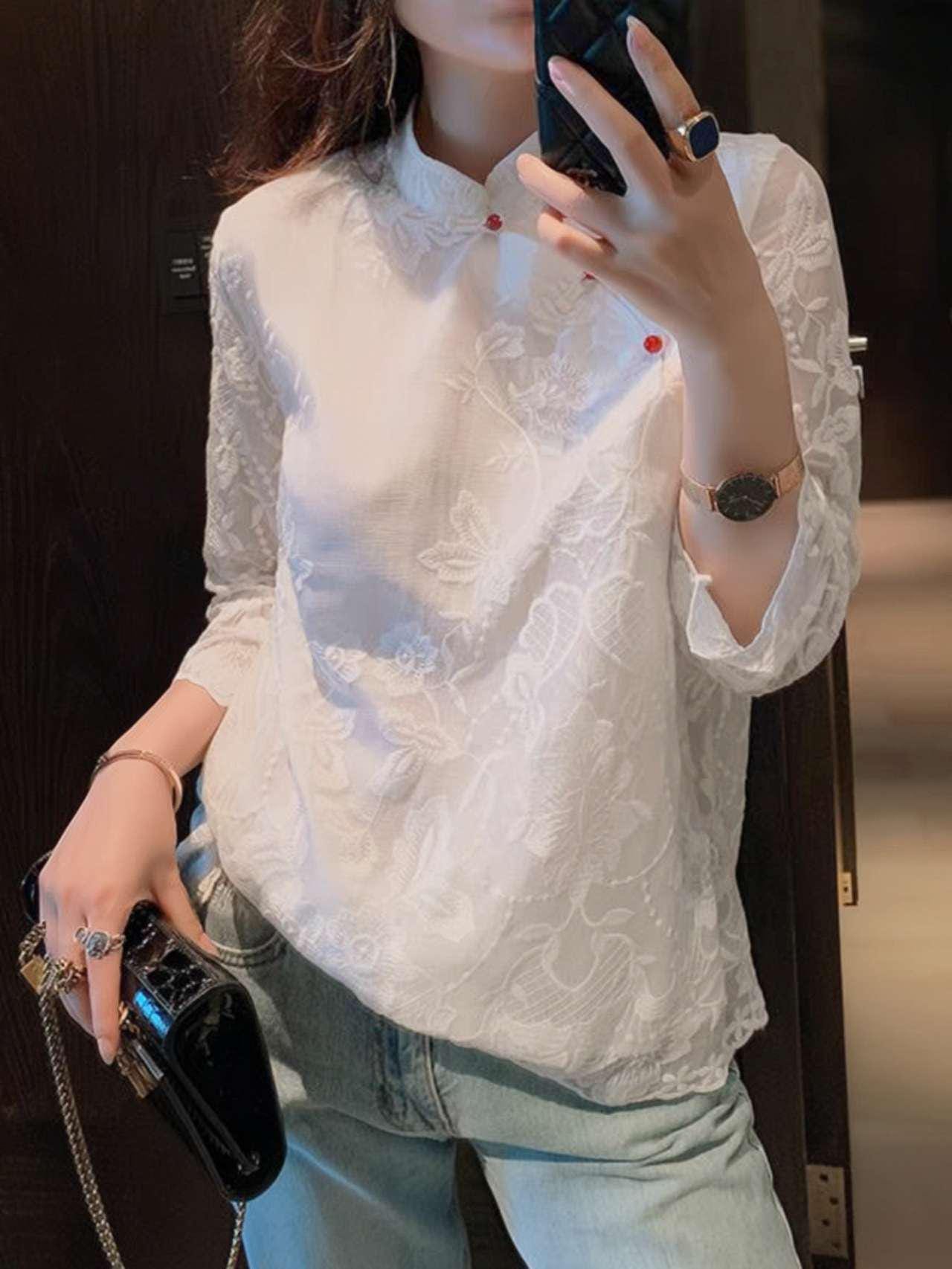 blusa china vintage mujer, camisa blanca bordada oriental, top holgado étnico retro, blusa estilo Tang, Camisa de la ceremonia del té