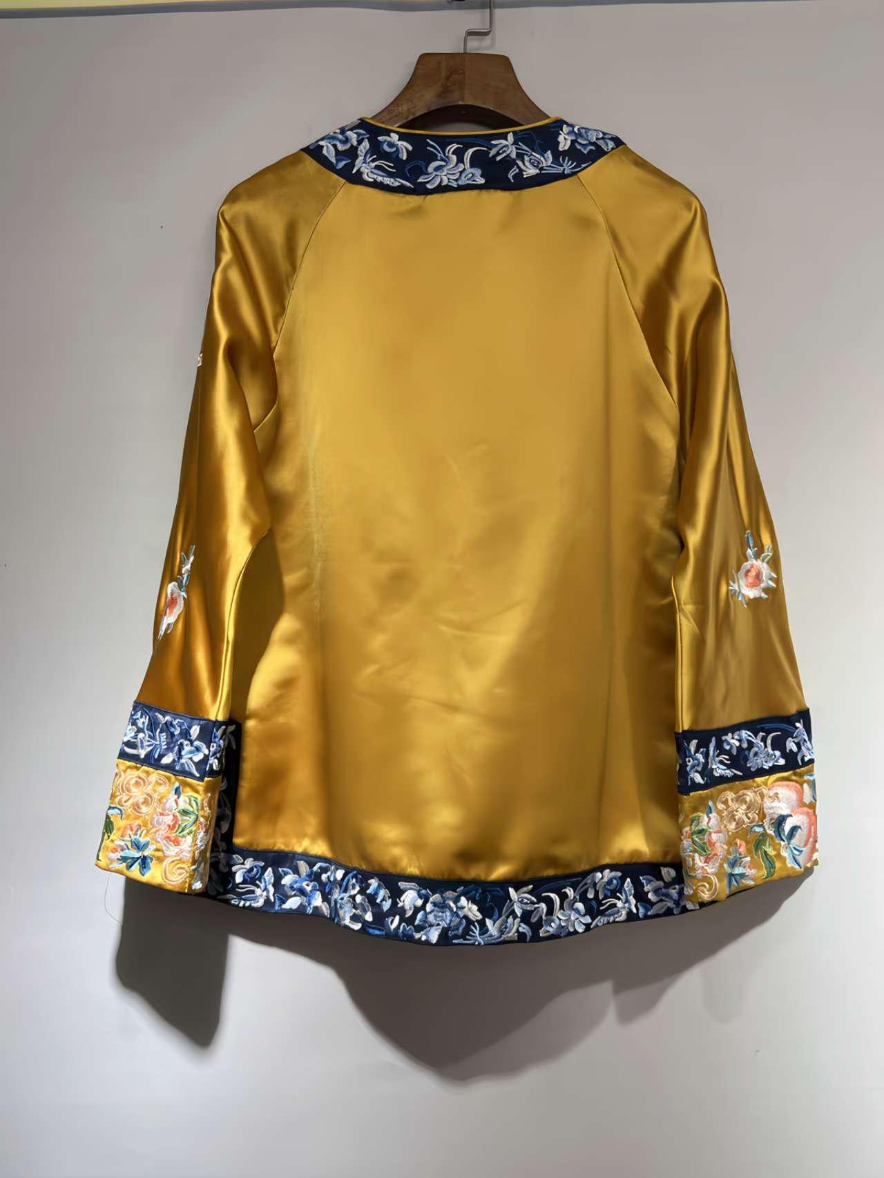 Gold Embroidered Jacket, Chinese Tang Suit Jacket, Vintage Oriental Blouse, Elegant Chinese Top, Yellow Coat, Oriental Party Clothing
